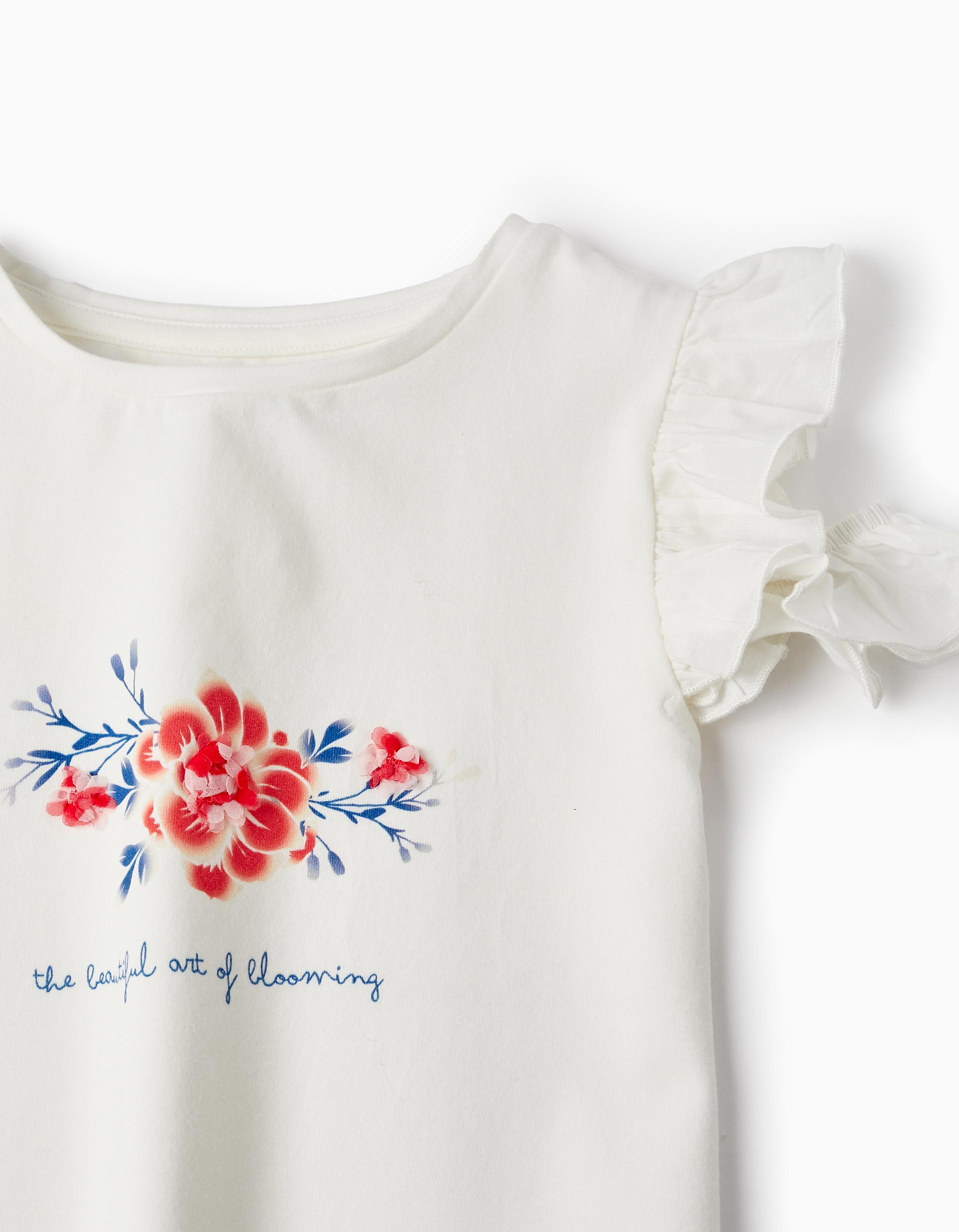 Cotton Off-Shoulder T-shirt for Girls 'Flowers', White
