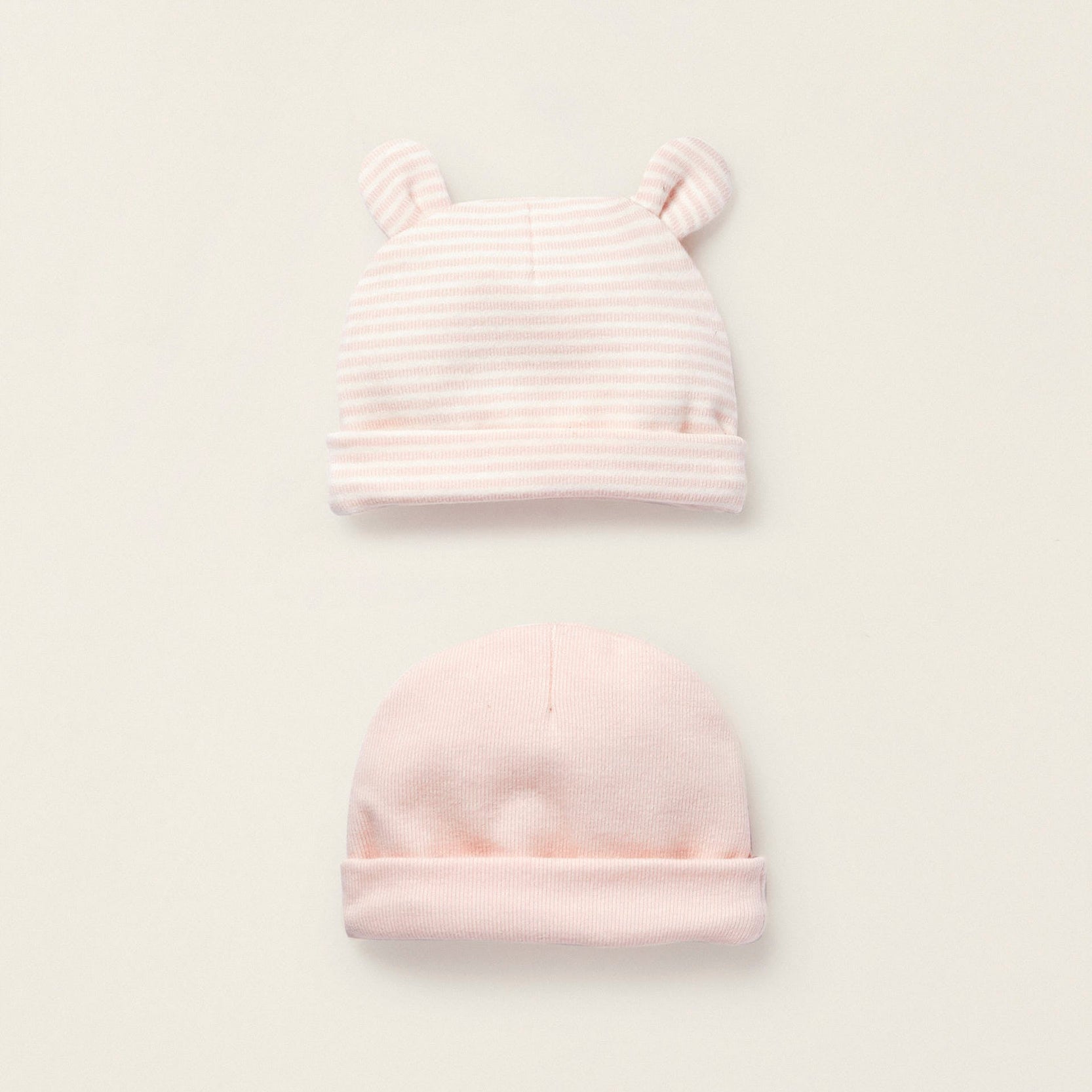 Pack of 2 Cotton Beanies for Newborn Girls, Pink/White