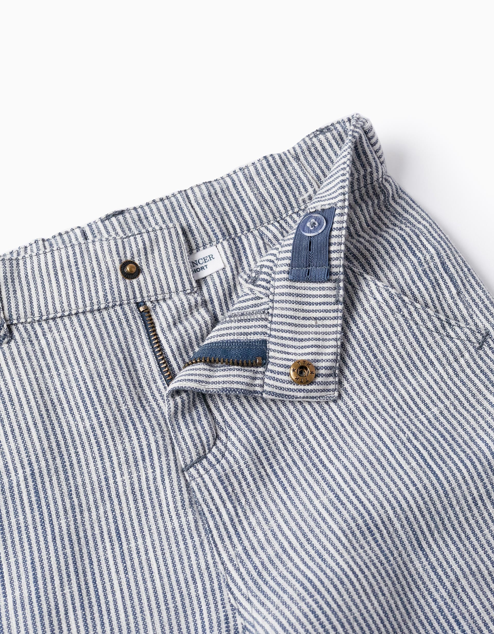 Striped Linen Shorts for Boys, White/Navy Blue