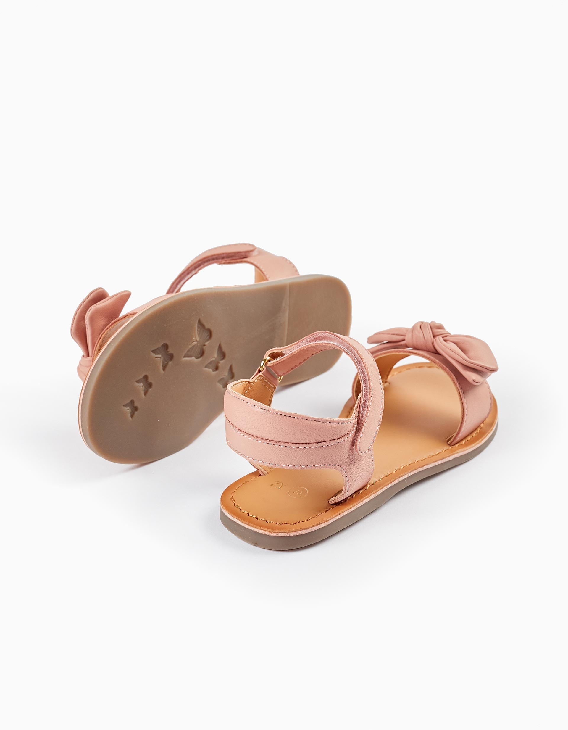 Leather Sandals with Bow for Girls, Light Pink