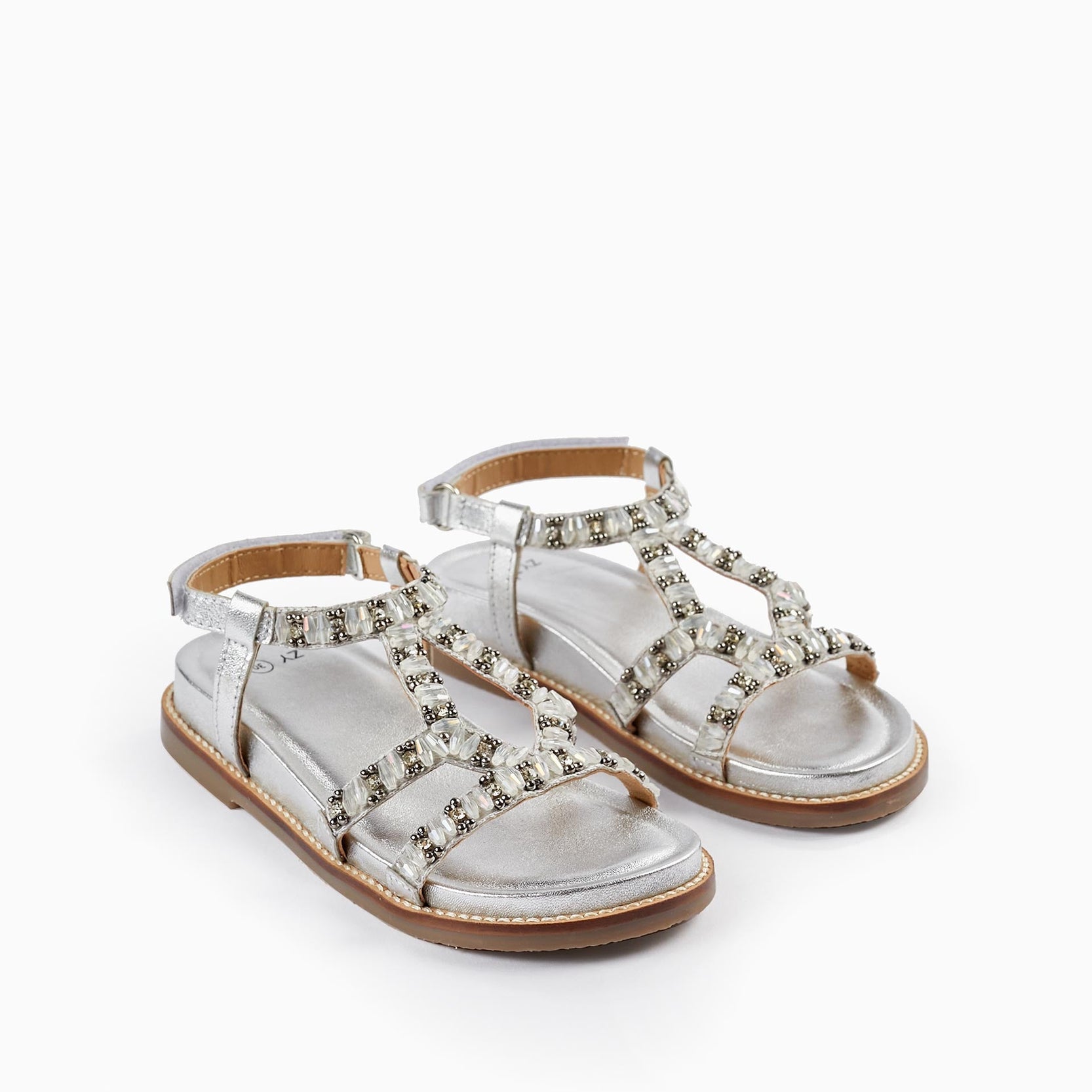 Leather Sandals with Beads for Girls, Silver
