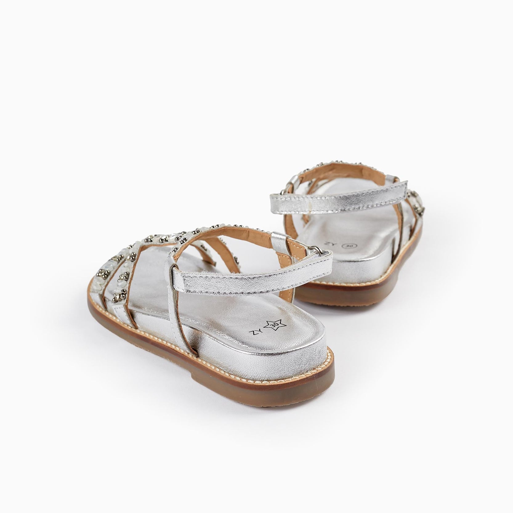 Leather Sandals with Beads for Girls, Silver