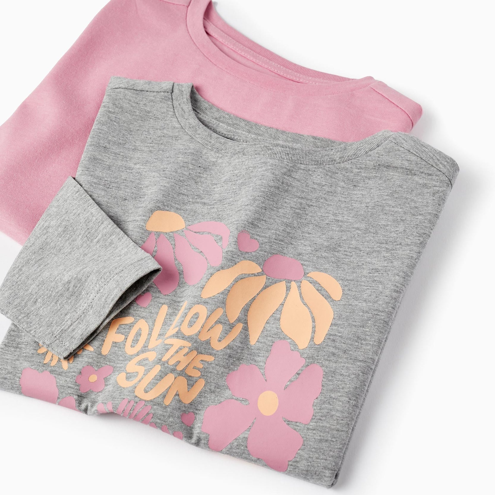 Pack of 2 Long Sleeve T-Shirts for Girls 'Follow the Sun', Grey/Pink