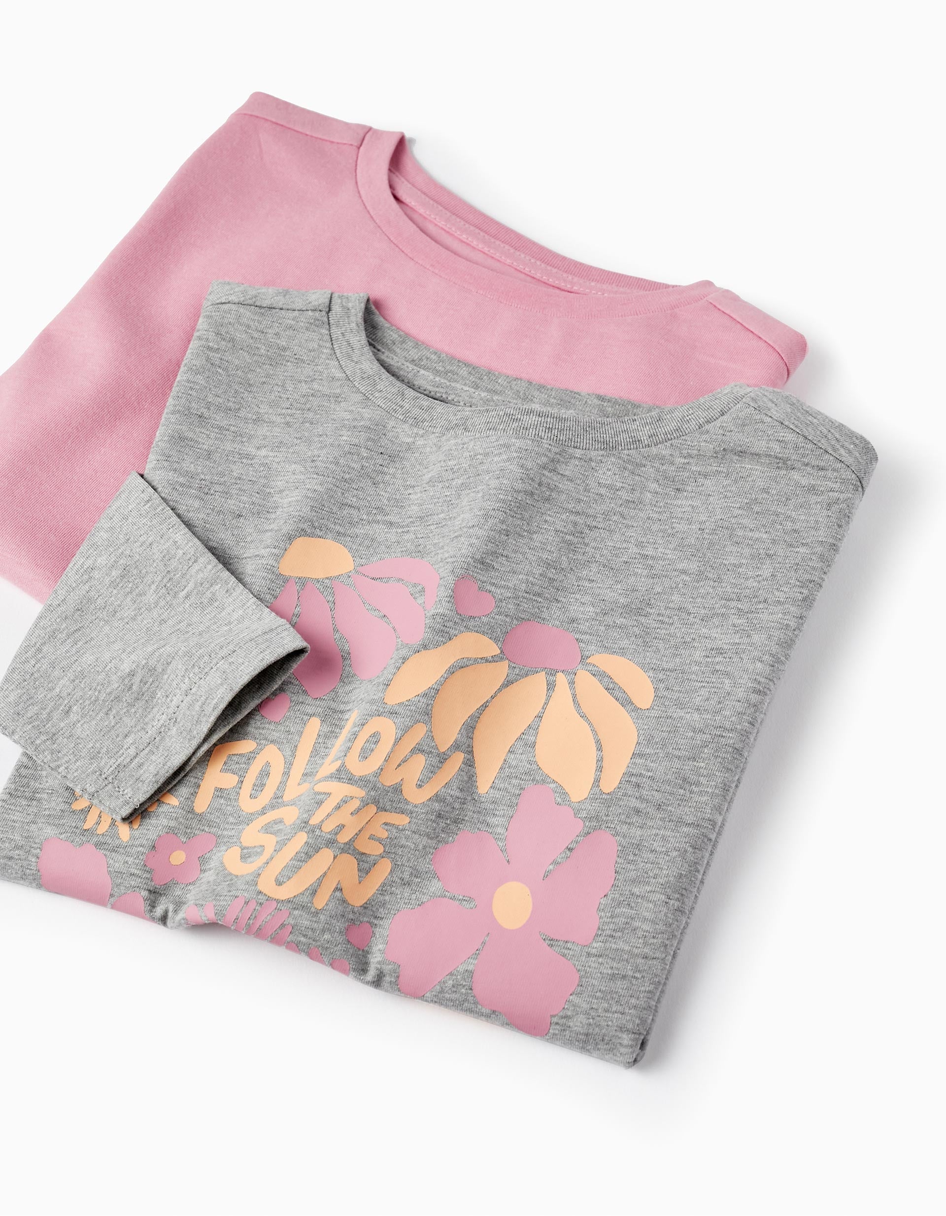 Pack of 2 Long Sleeve T-Shirts for Girls 'Follow the Sun', Grey/Pink