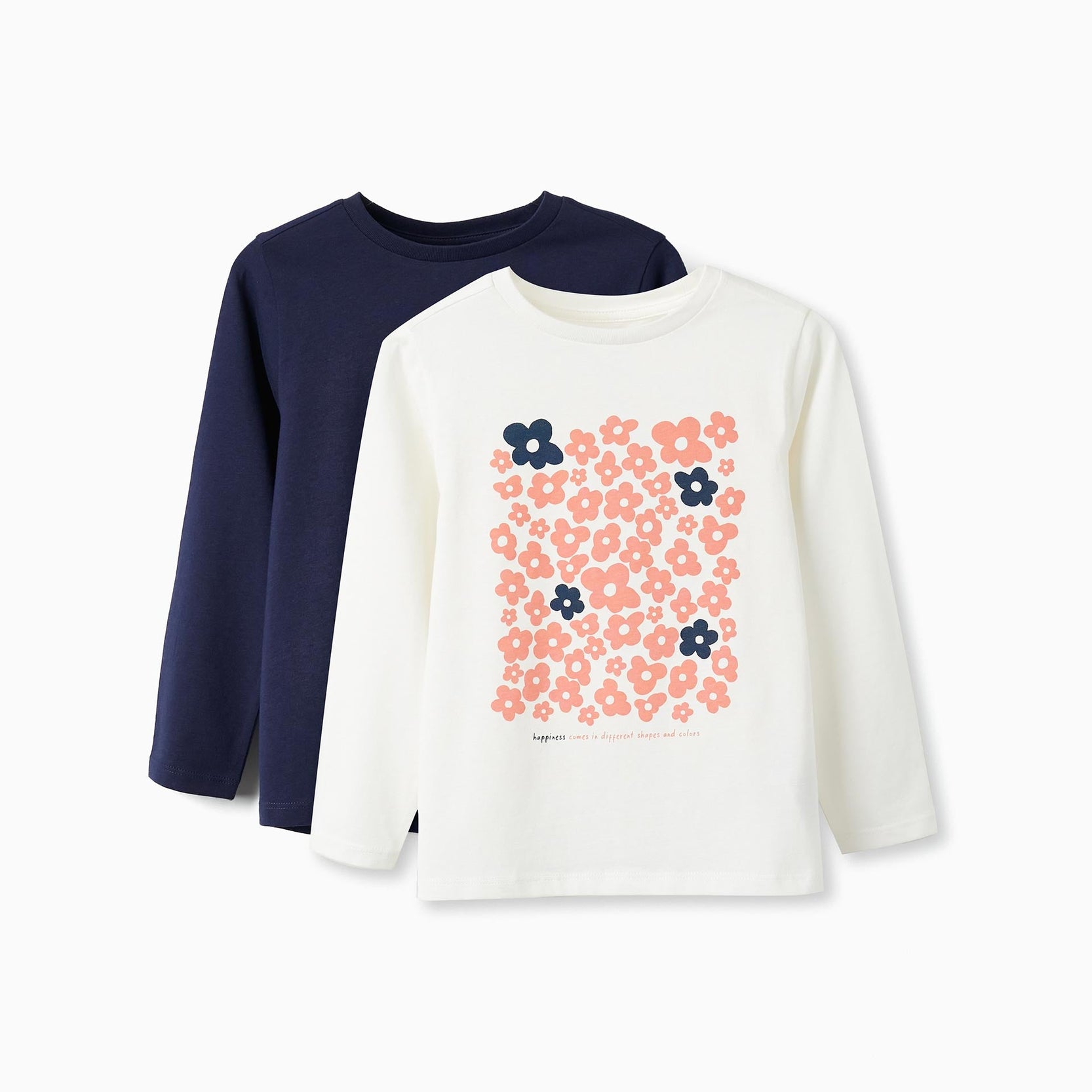 Pack of 2 Cotton T-Shirts for Girls, White/Dark Blue