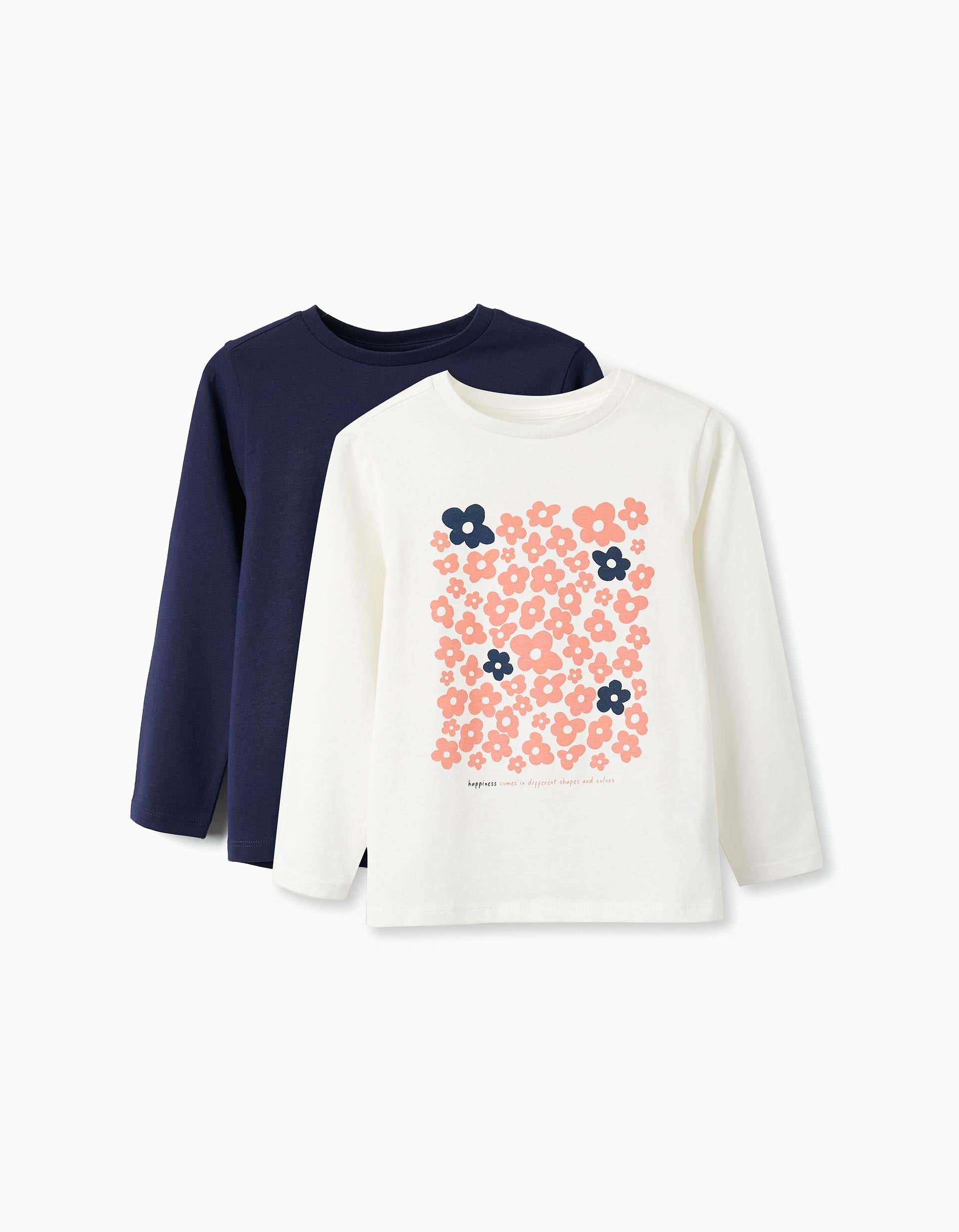 Pack of 2 Cotton T-Shirts for Girls, White/Dark Blue