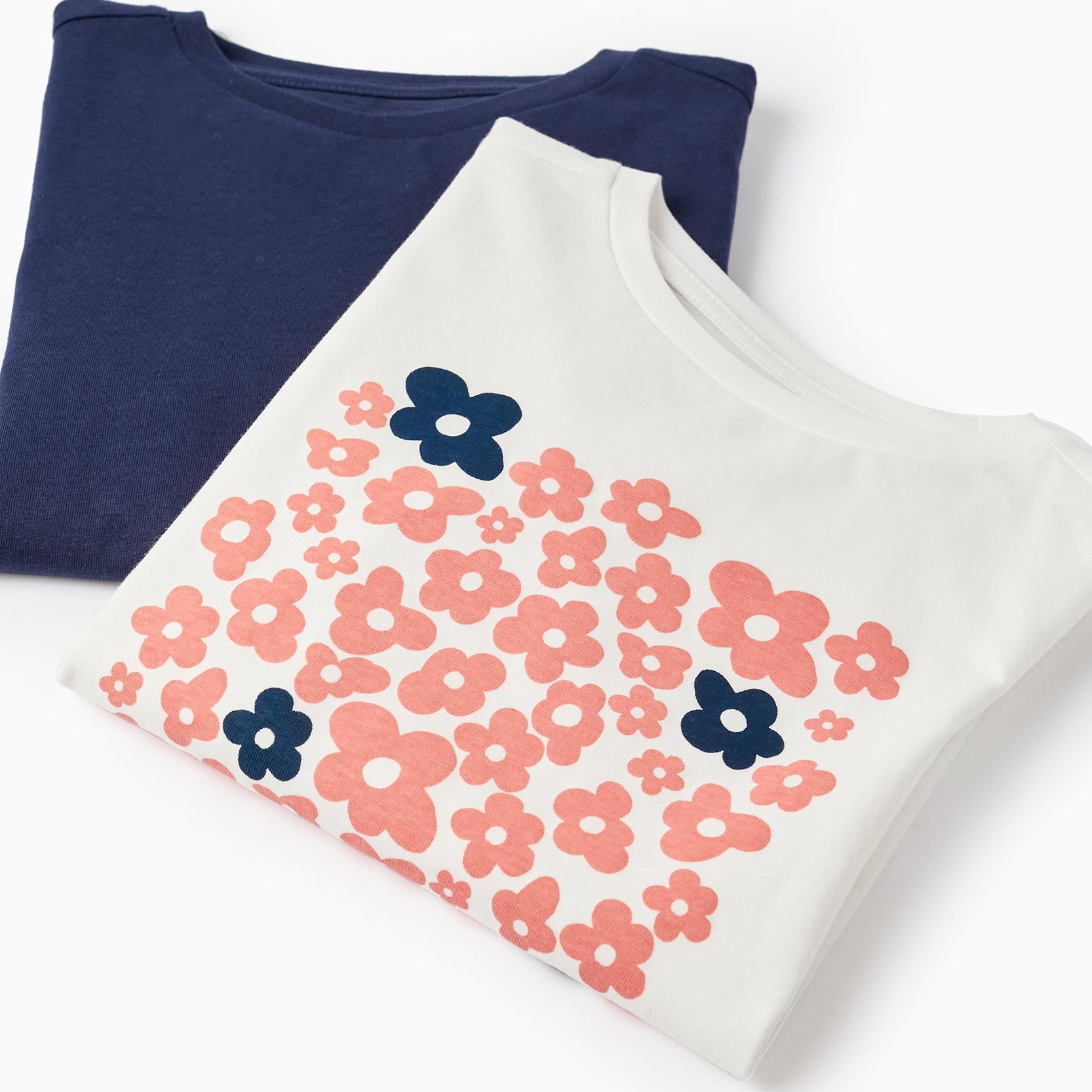 Pack of 2 Cotton T-Shirts for Girls, White/Dark Blue