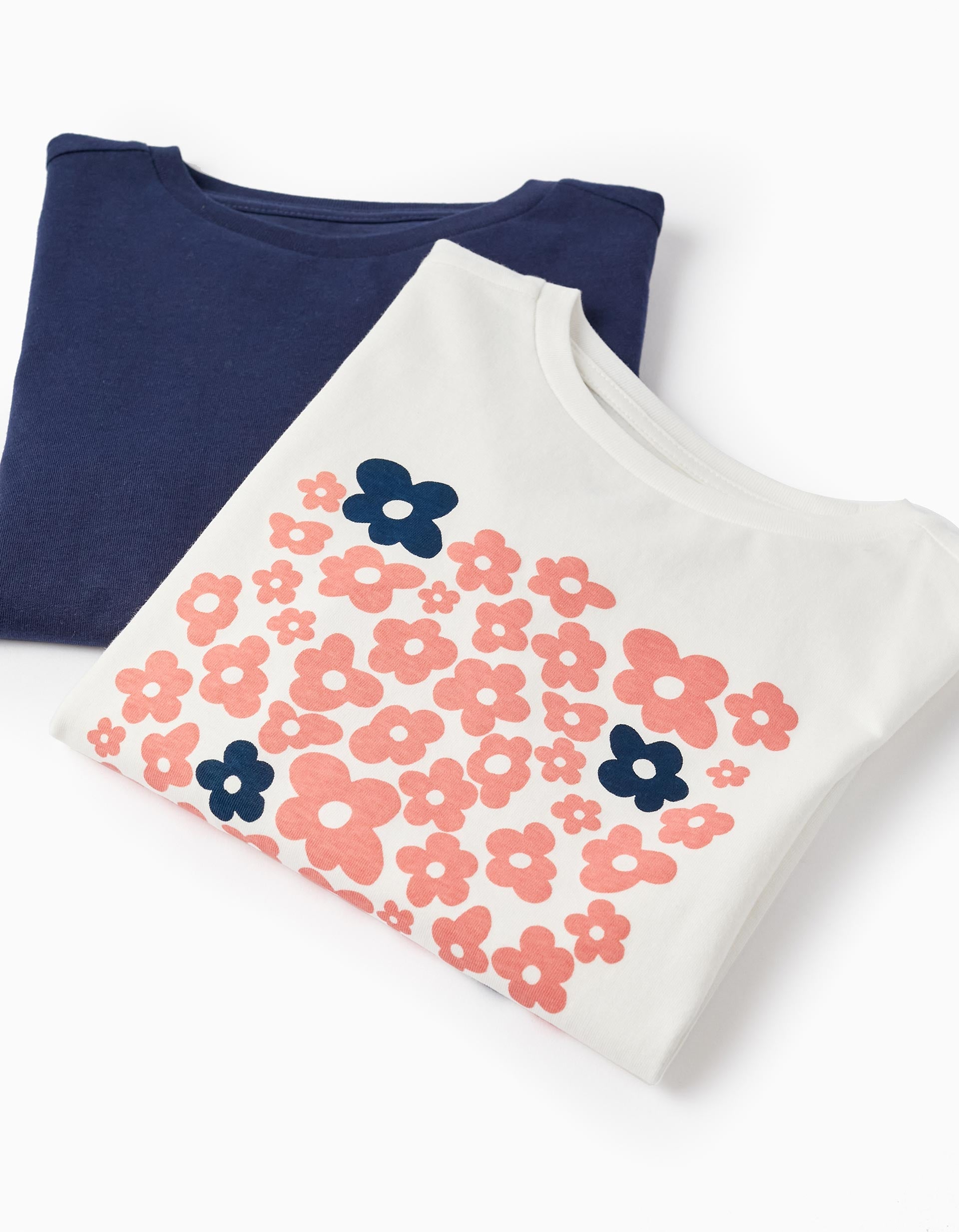 Pack of 2 Cotton T-Shirts for Girls, White/Dark Blue