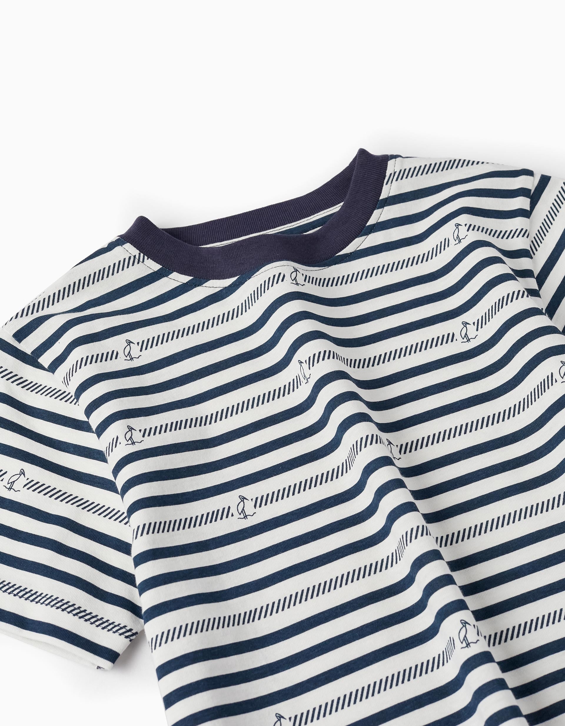 Striped T-Shirt in Cotton for Boys 'Storks', White/Dark Blue