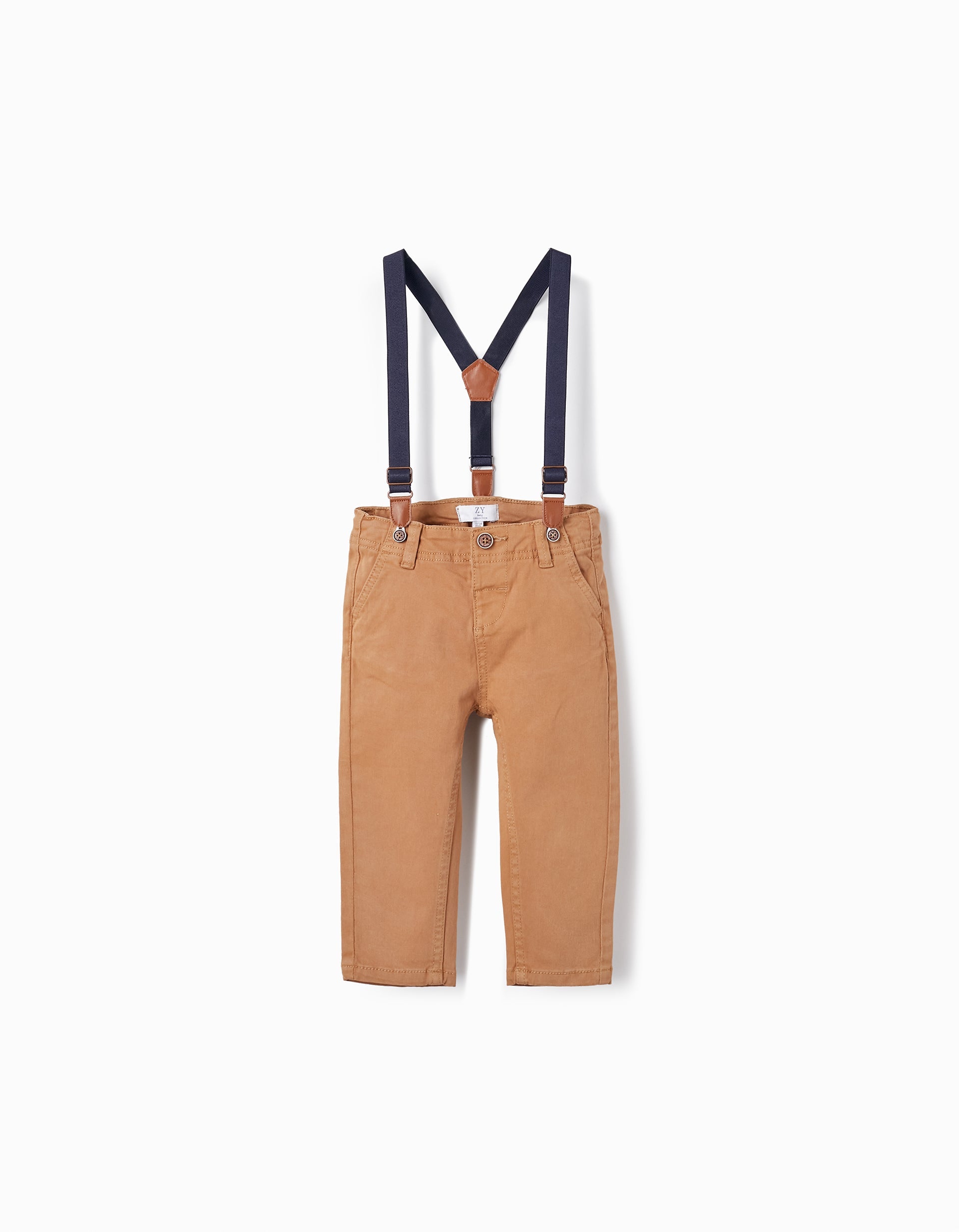 Twill Trousers with Suspenders for Baby Boys, Dark Beige