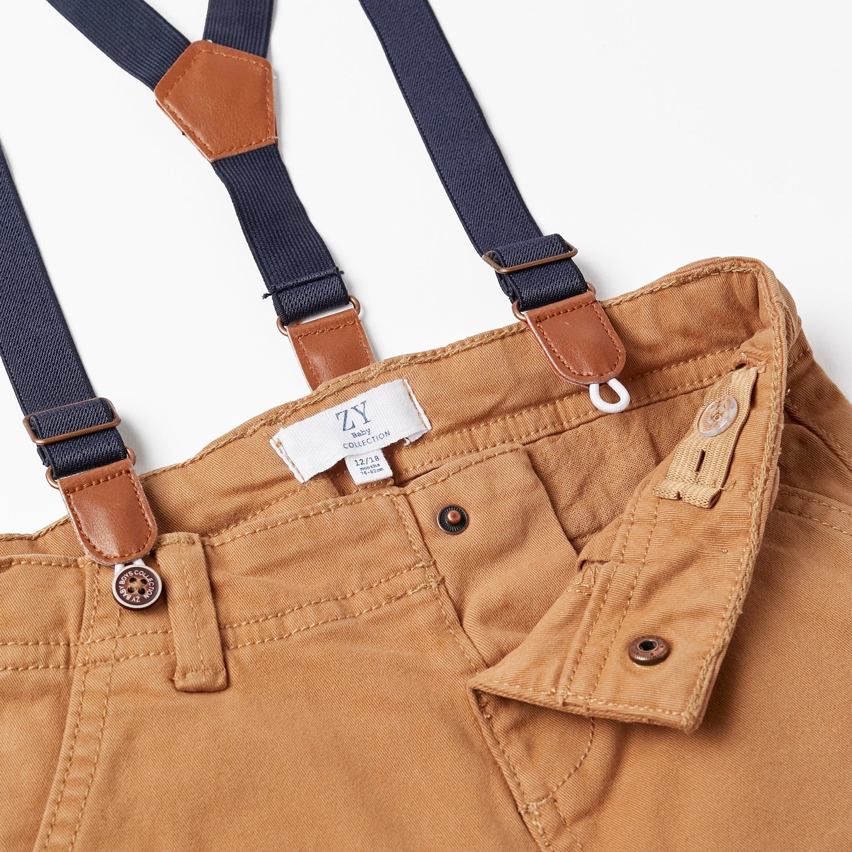 Twill Trousers with Suspenders for Baby Boys, Dark Beige