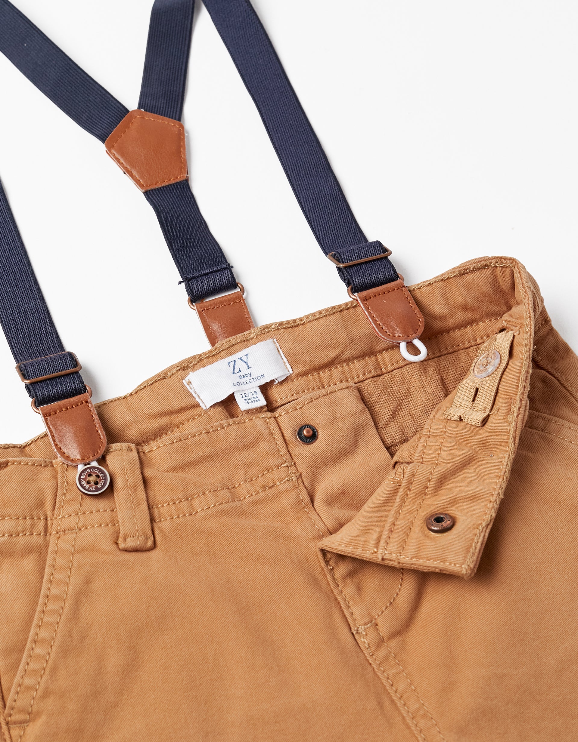 Twill Trousers with Suspenders for Baby Boys, Dark Beige