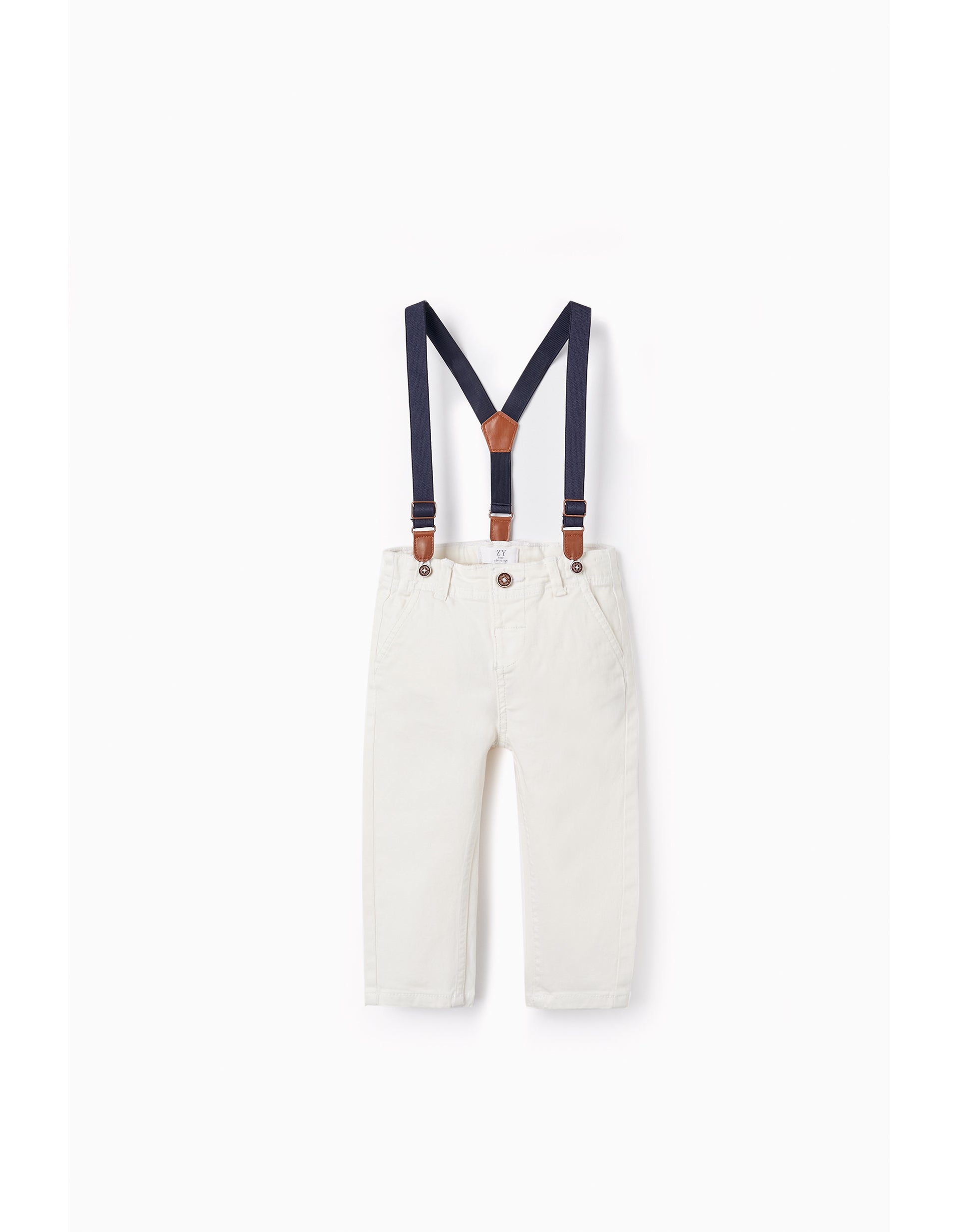 Twill Trousers with Suspenders for Baby Boys, White