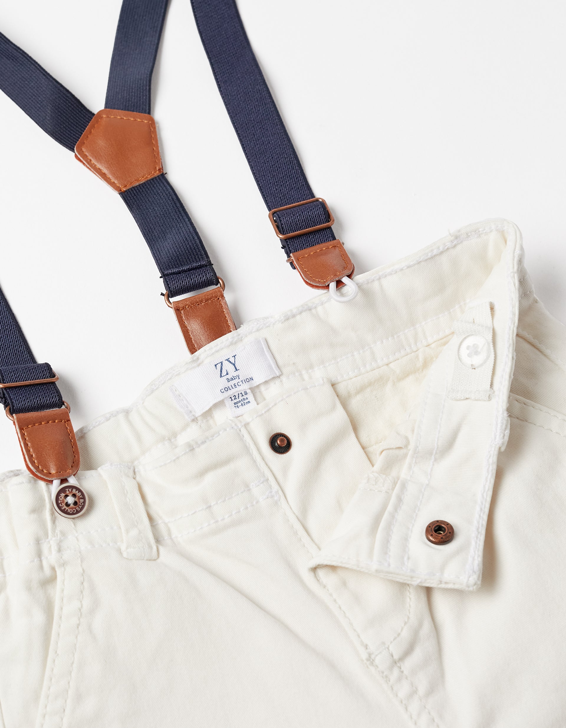 Twill Trousers with Suspenders for Baby Boys, White
