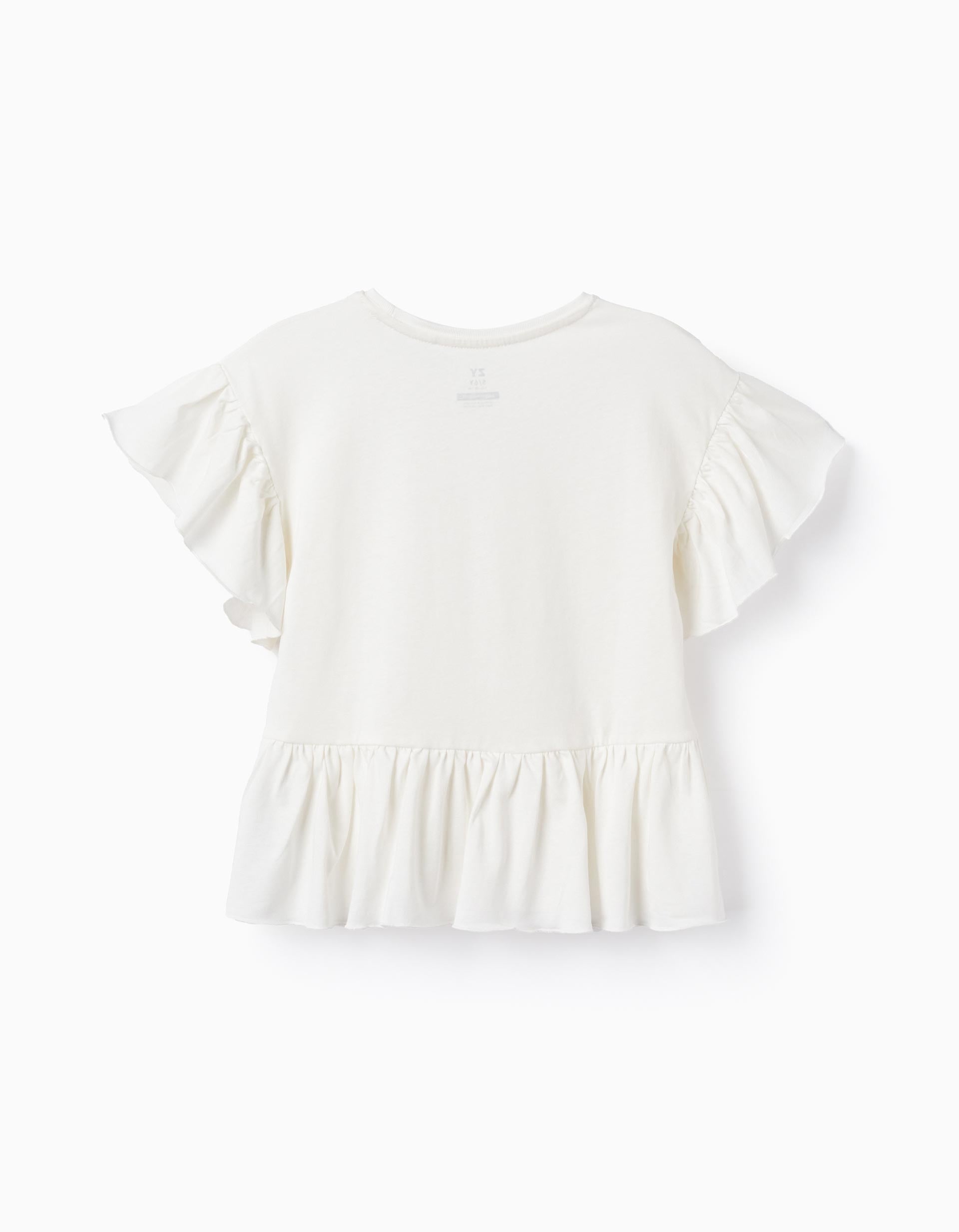Cotton T-shirt with Ruffles for Girls, White