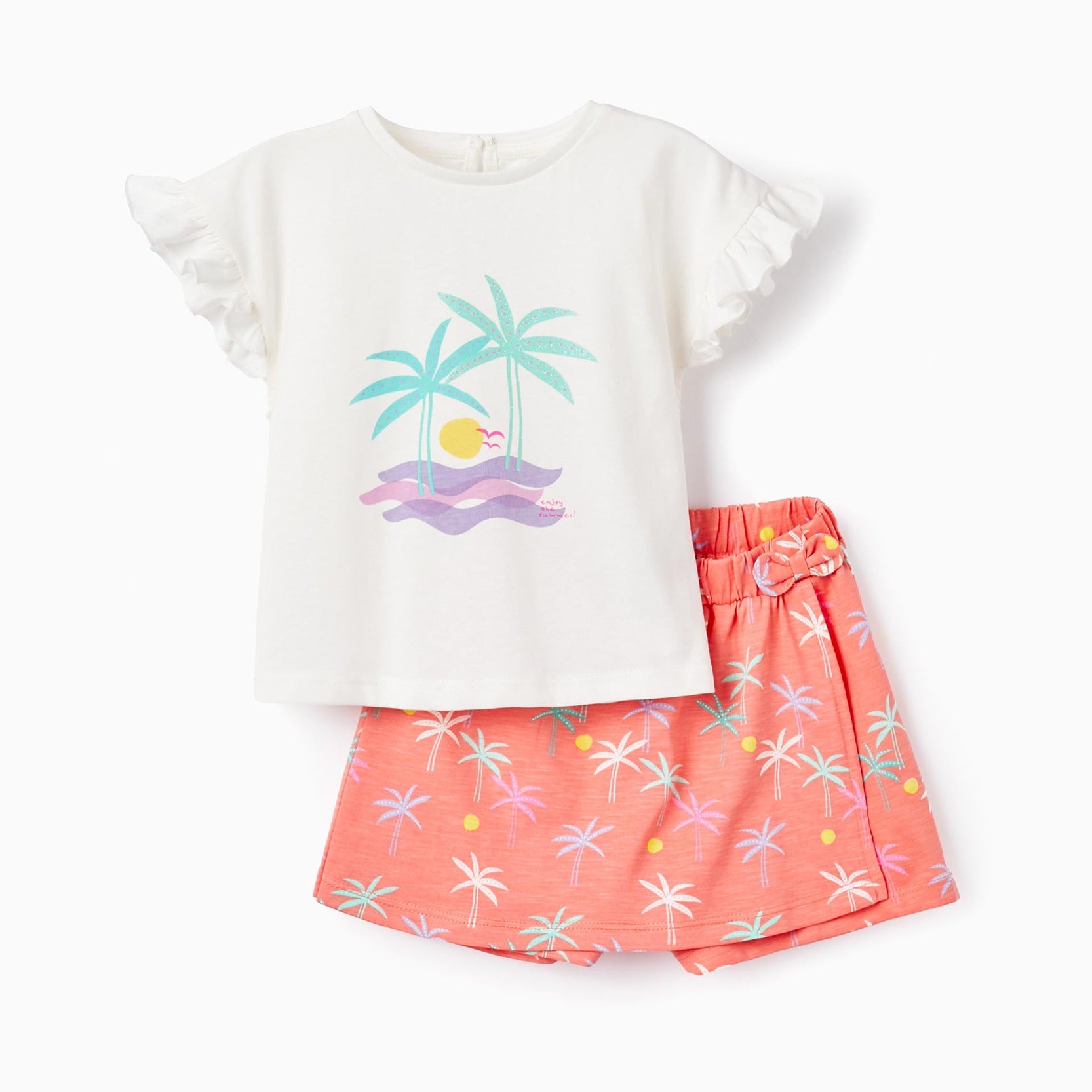 T-shirt + Skort for Baby Girls 'Palm Trees', White/Coral