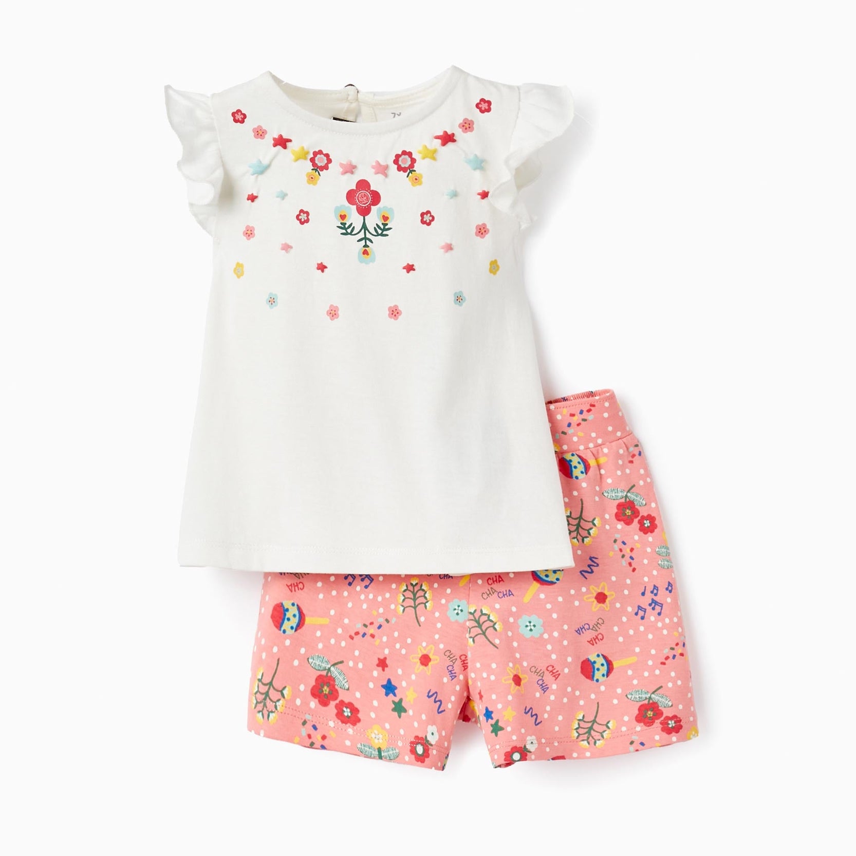 T-shirt + Shorts for Baby Girls 'Flowers', White/Coral