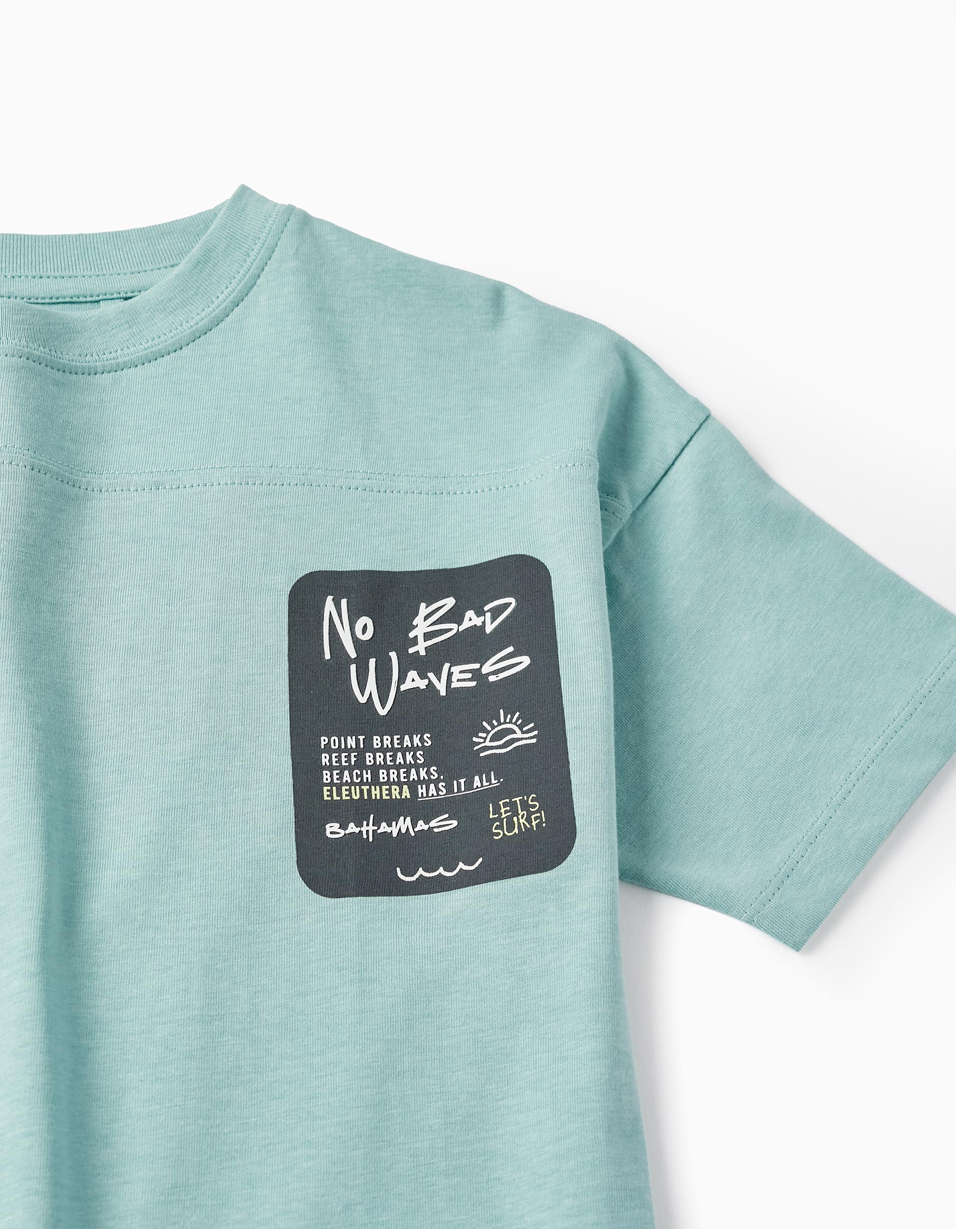 Cotton T-Shirt for Boys 'No Bad Waves', Aqua Green