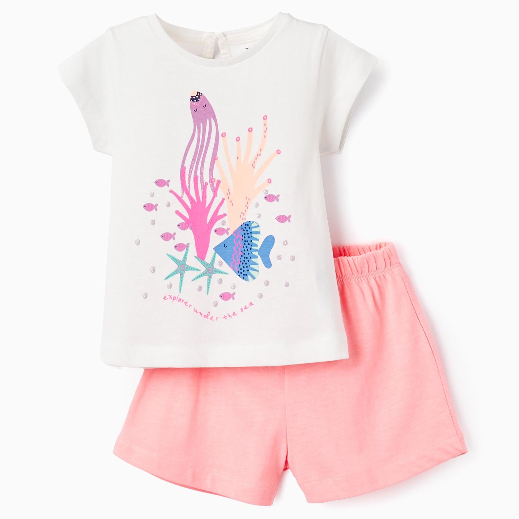 T-shirt + Shorts for Baby Girls 'Explorer', White/Coral