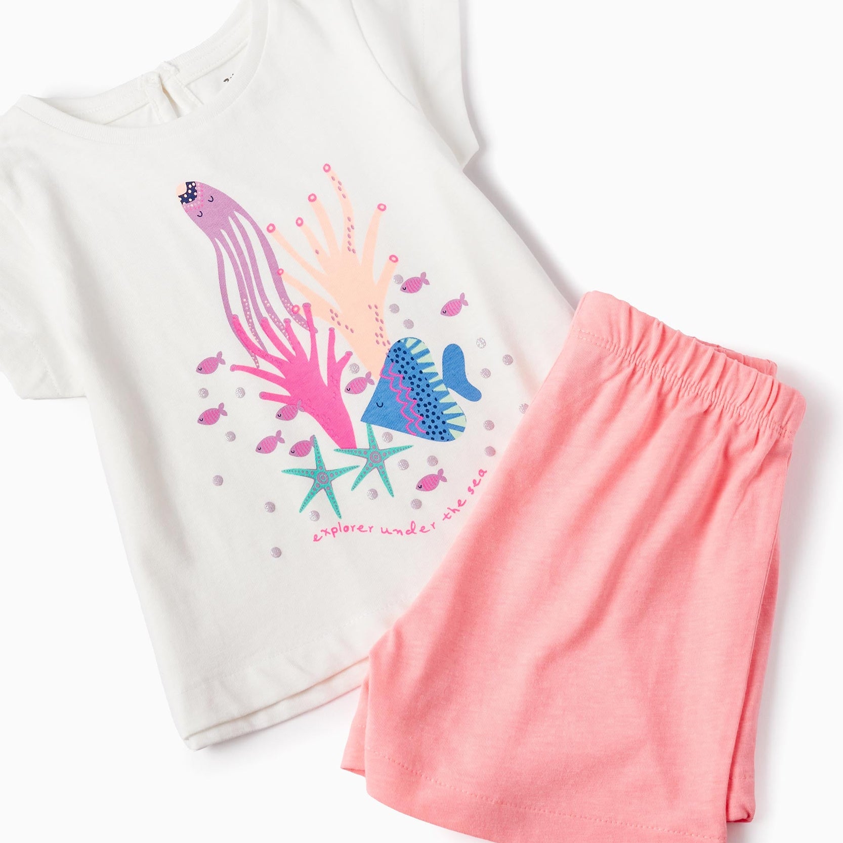 T-shirt + Shorts for Baby Girls 'Explorer', White/Coral