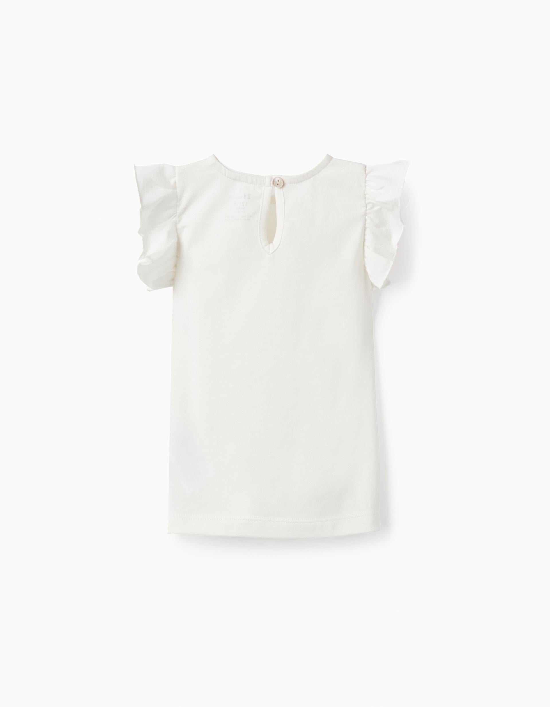 Cotton T-shirt with Ruffles for Baby Girls, White