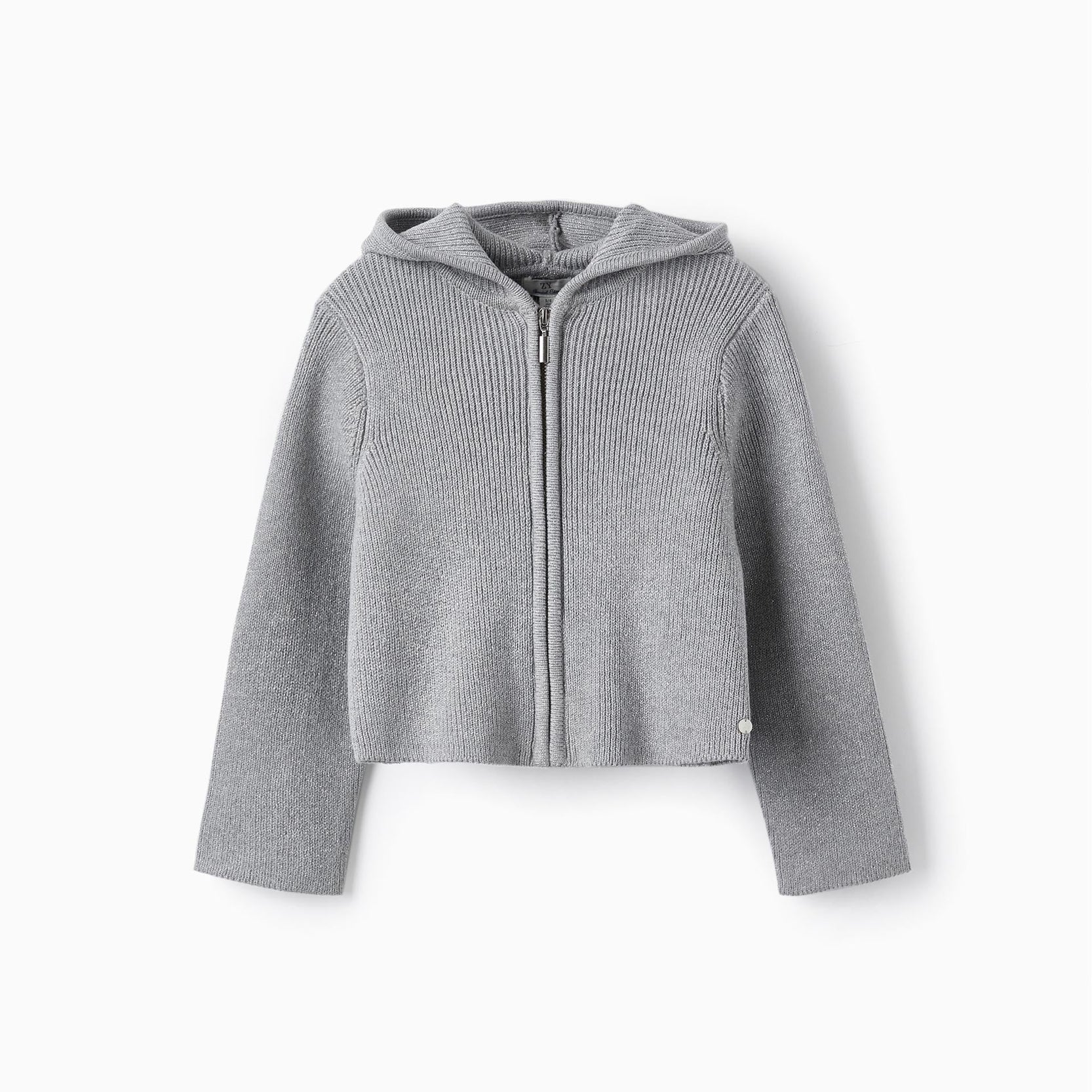Knitted Cardigan with Lurex Threads and Hood for Girls, Grey/Silver