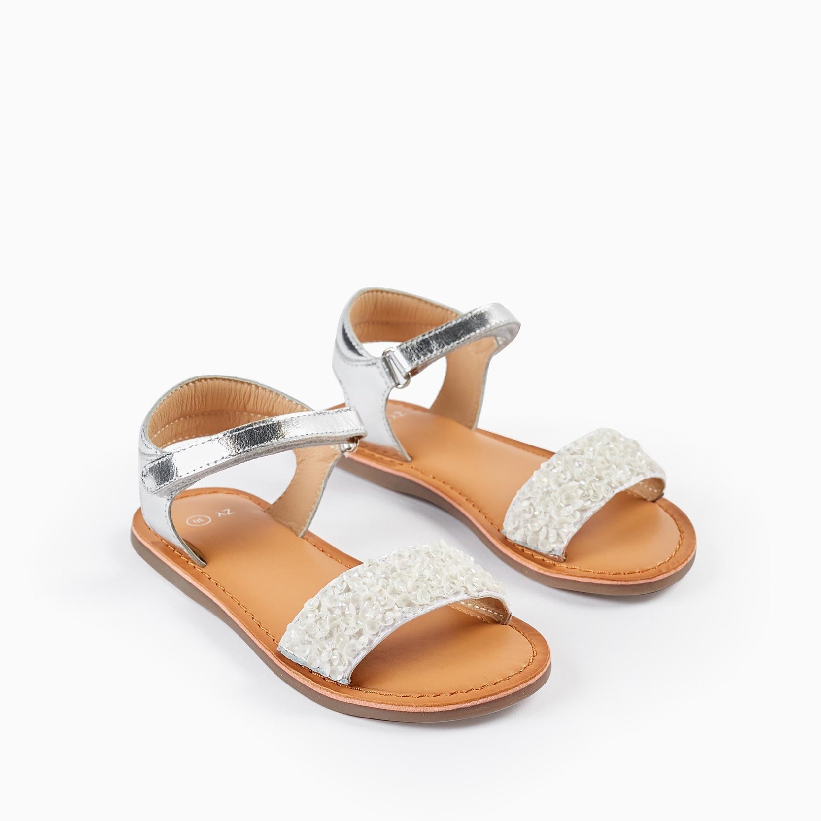 Leather Sandals with Sequins for Girls 'B&S', White/Silver