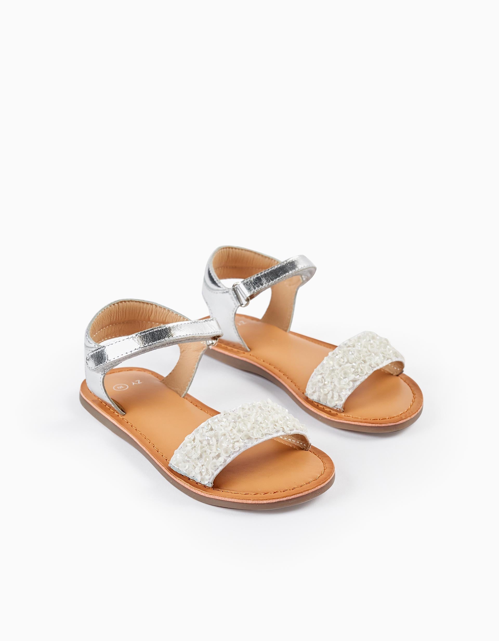 Leather Sandals with Sequins for Girls 'B&S', White/Silver