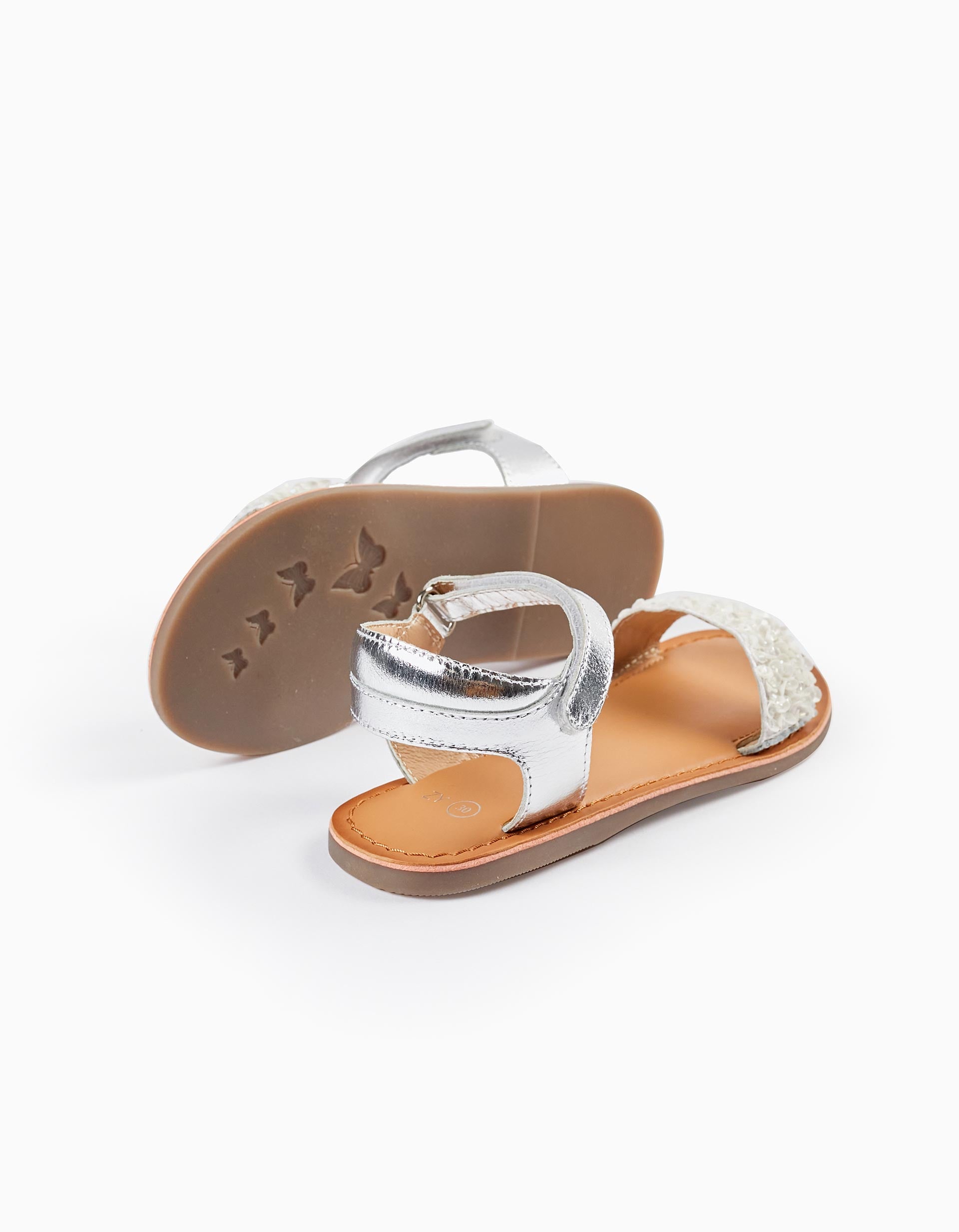 Leather Sandals with Sequins for Girls 'B&S', White/Silver