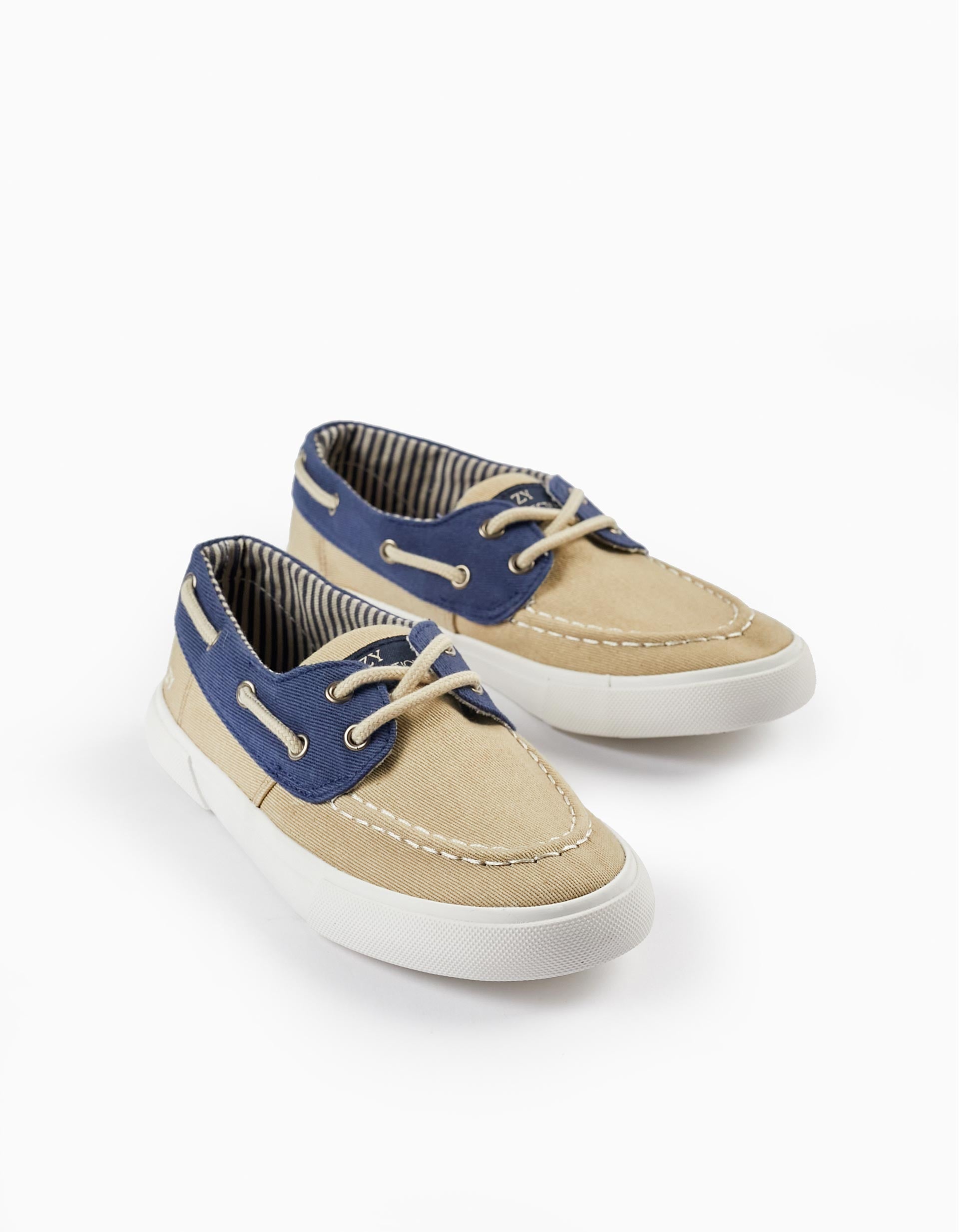 Fabric Deck Shoes for Boys, Light Beige/Dark Blue
