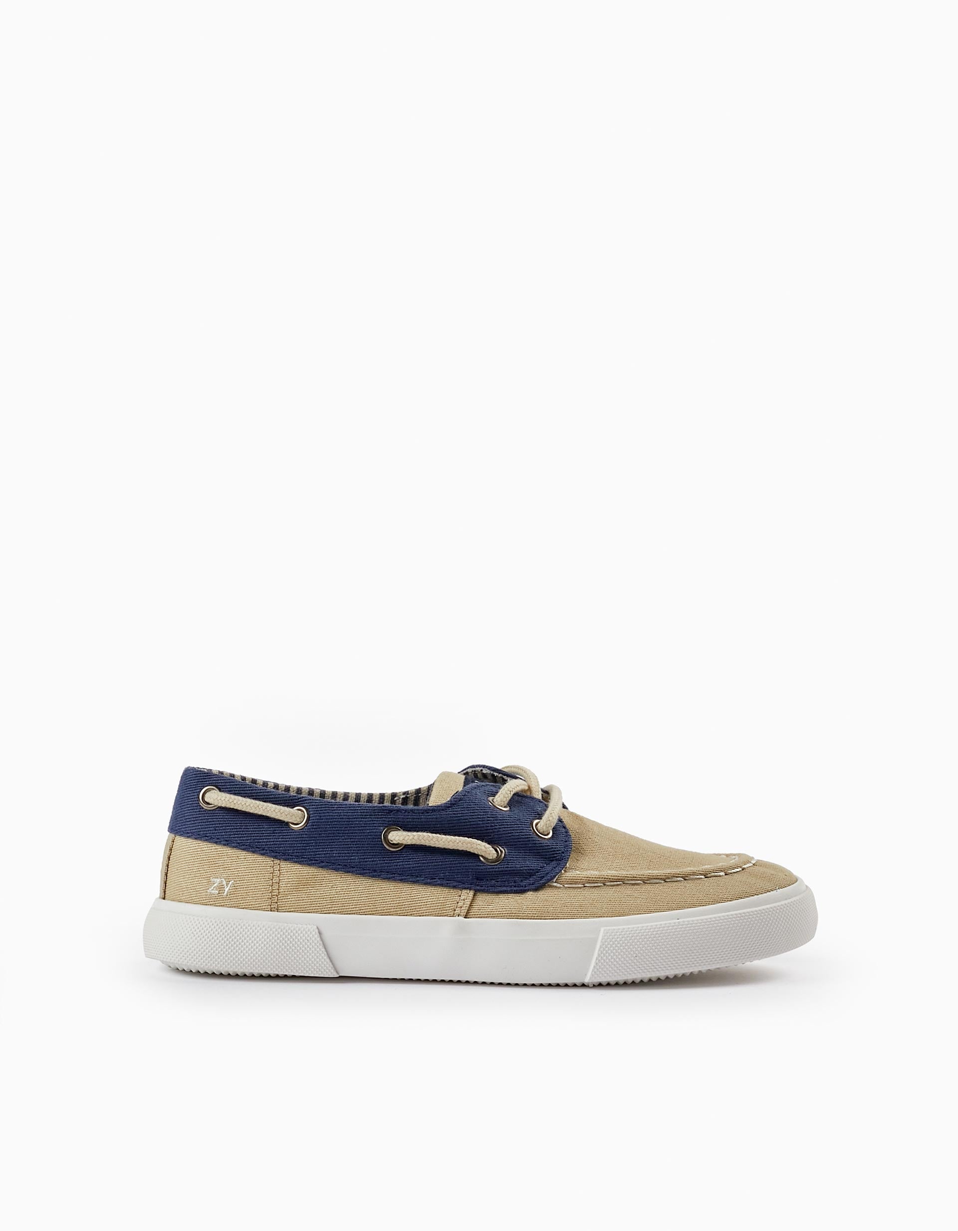 Fabric Deck Shoes for Boys, Light Beige/Dark Blue