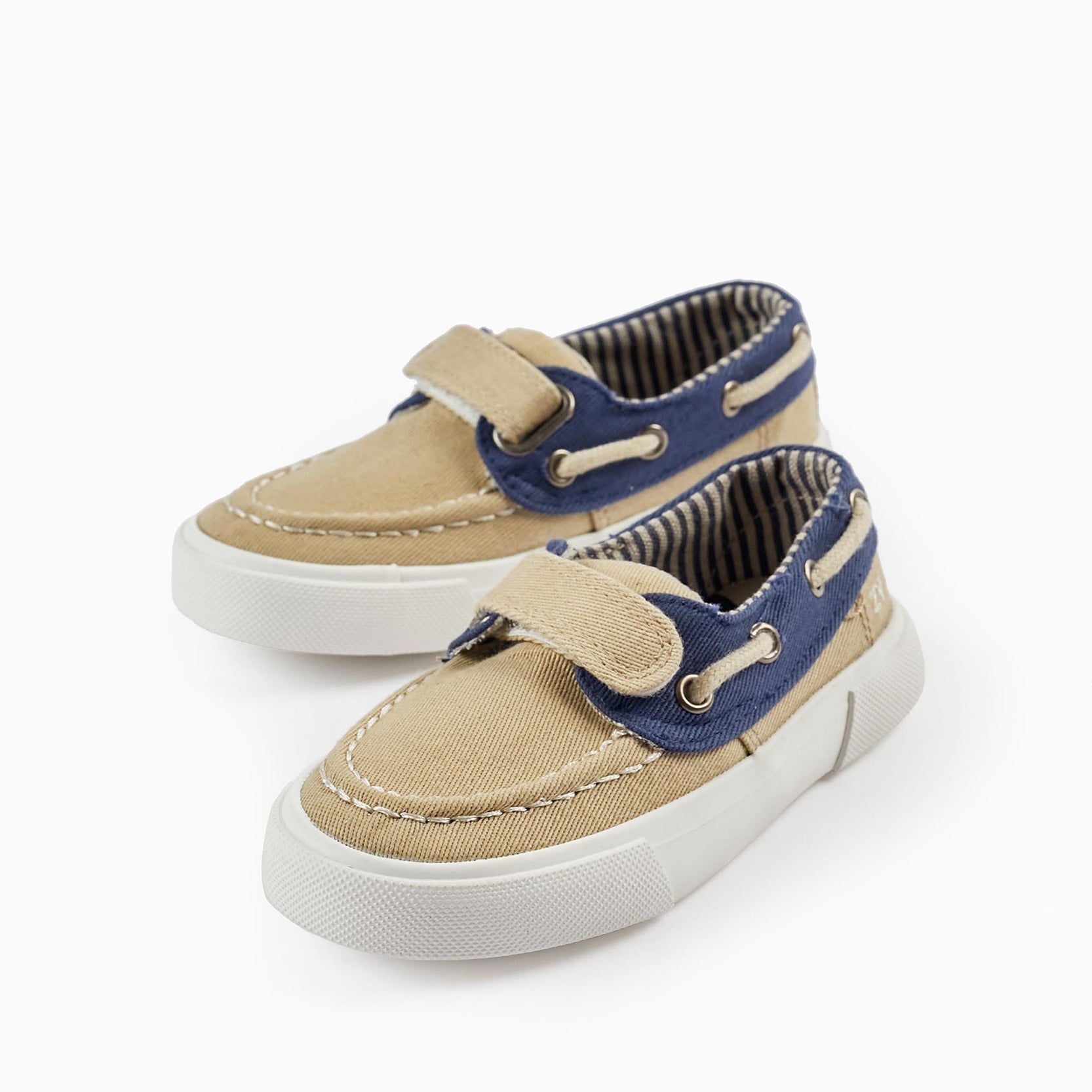 Fabric Deck Shoes for Baby Boy, Light Beige/Dark Blue