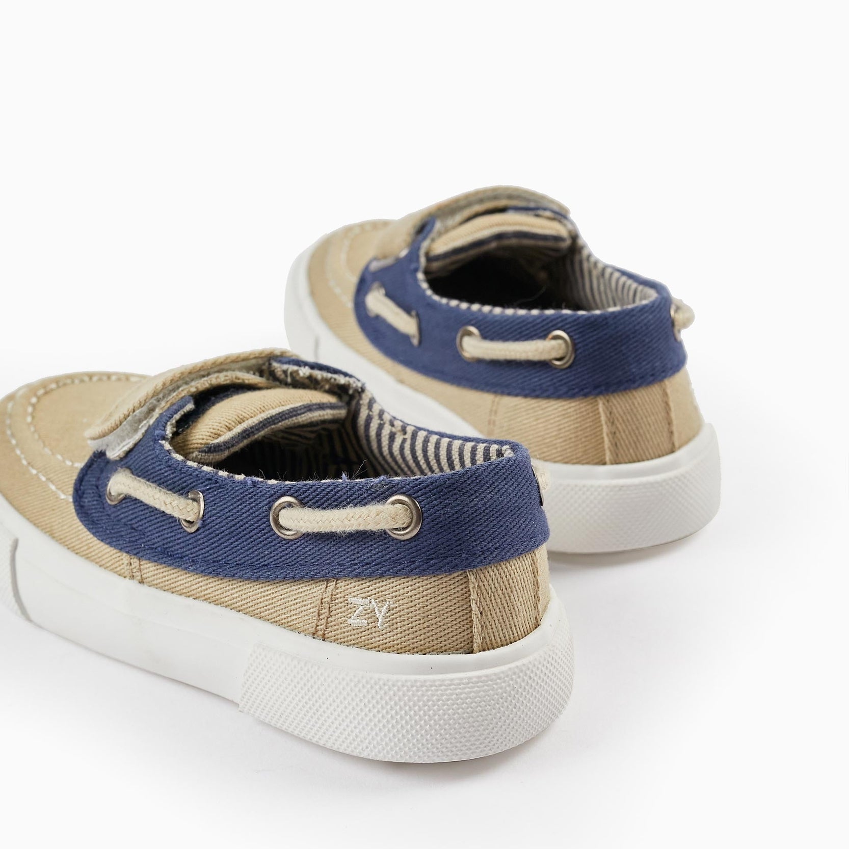 Fabric Deck Shoes for Baby Boy, Light Beige/Dark Blue