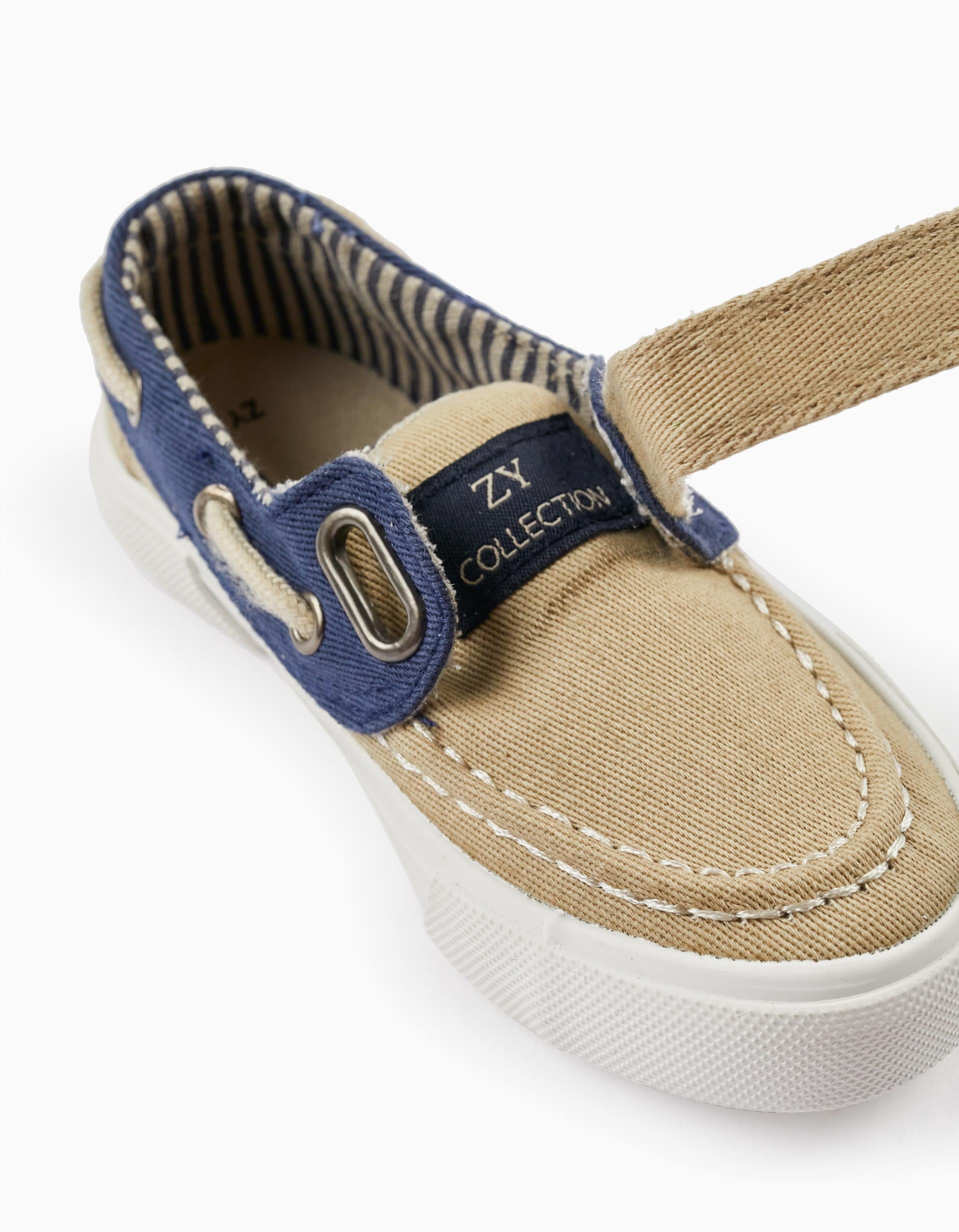 Fabric Deck Shoes for Baby Boy, Light Beige/Dark Blue