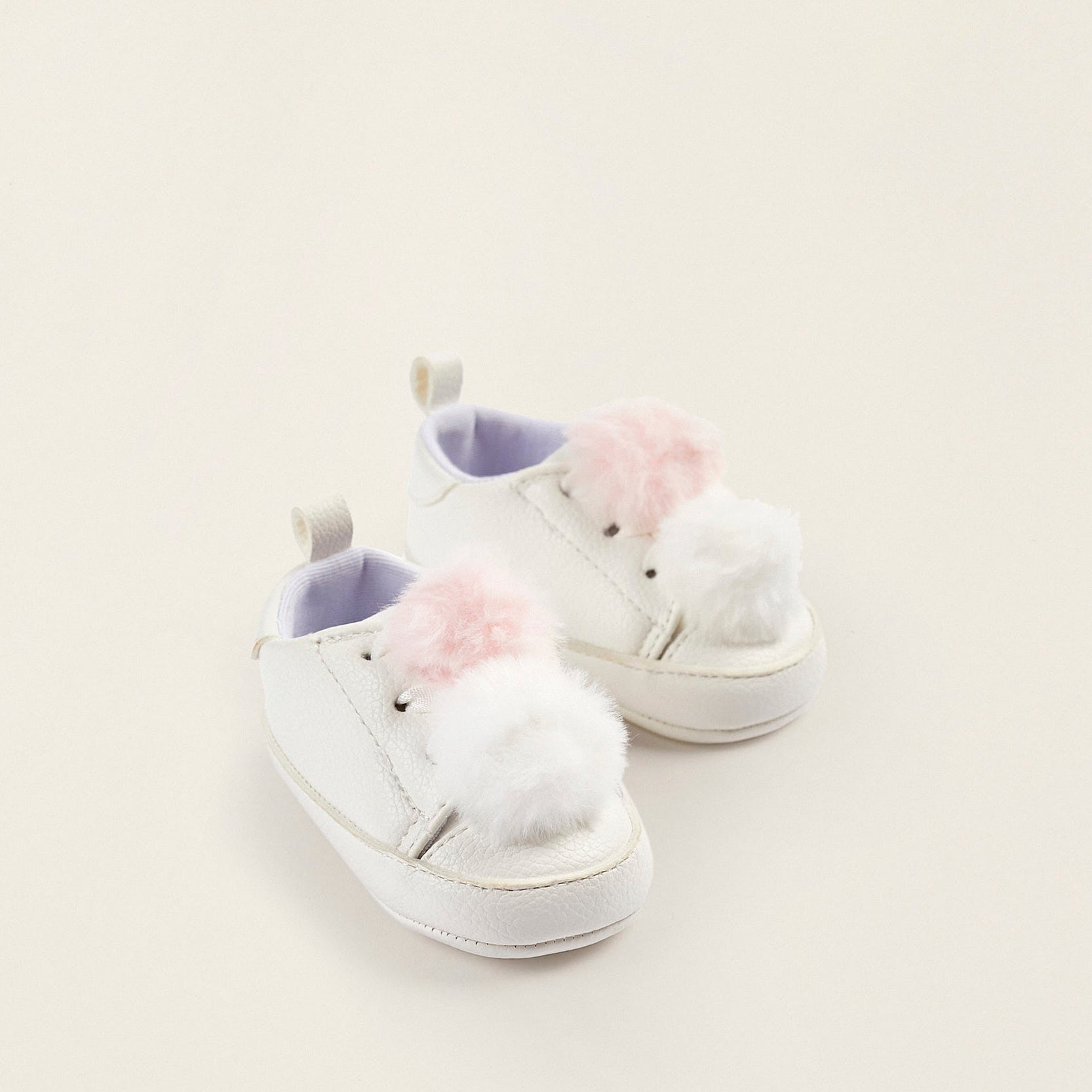 Pom Pom Trainers for Newborn Girls, White/Pink