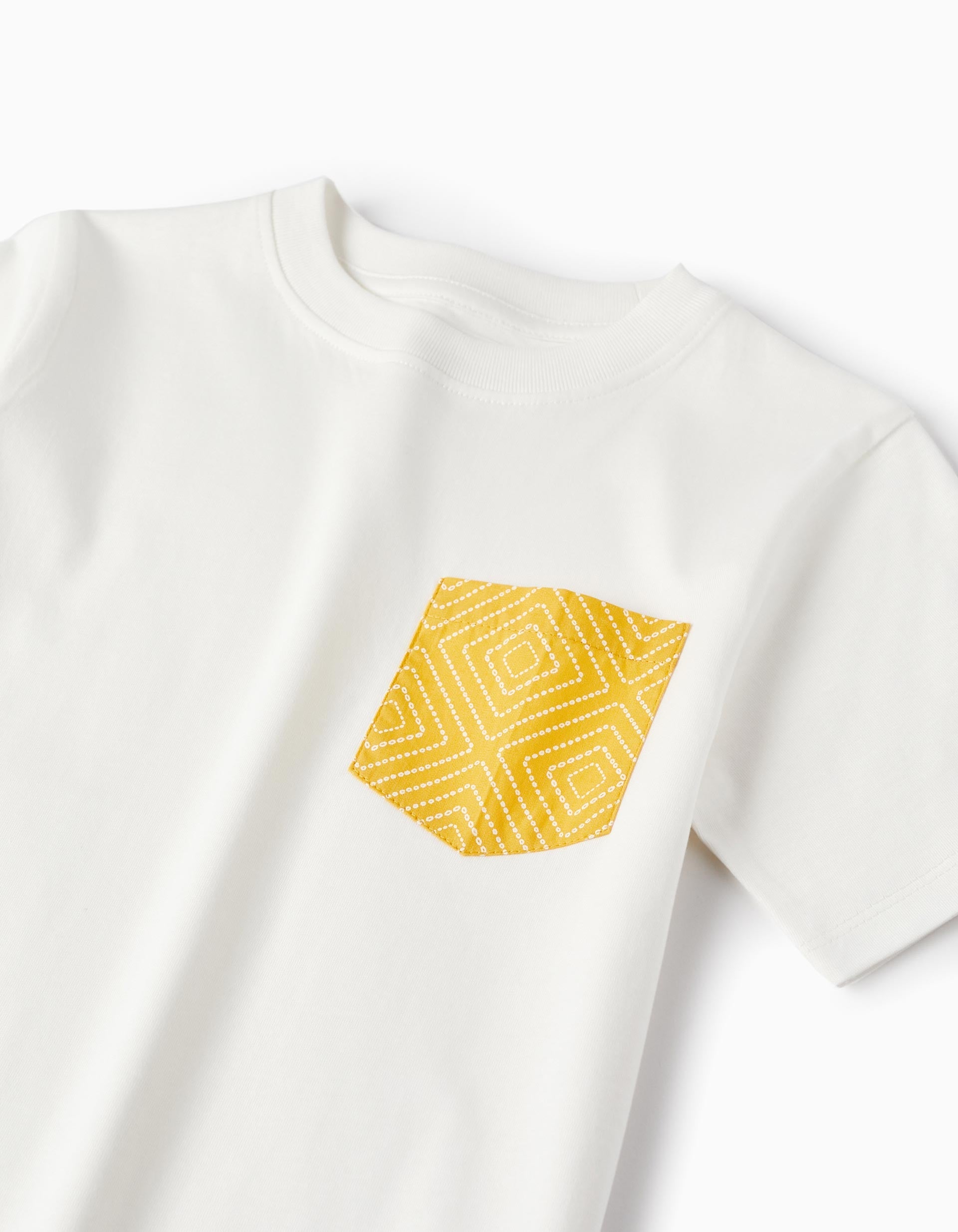 Short Sleeve T-Shirt with Pocket for Boys, White/Yellow