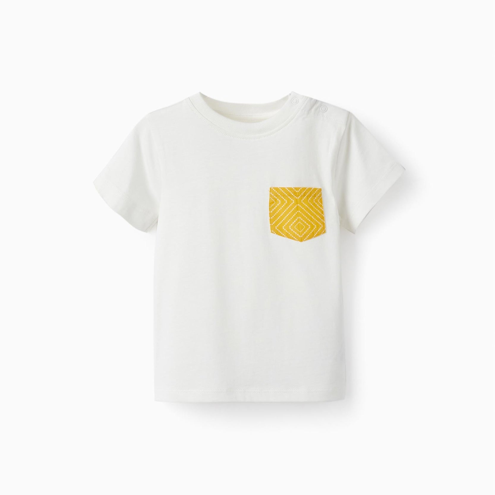 Cotton T-Shirt with Pocket for Baby Boys, White/Yellow