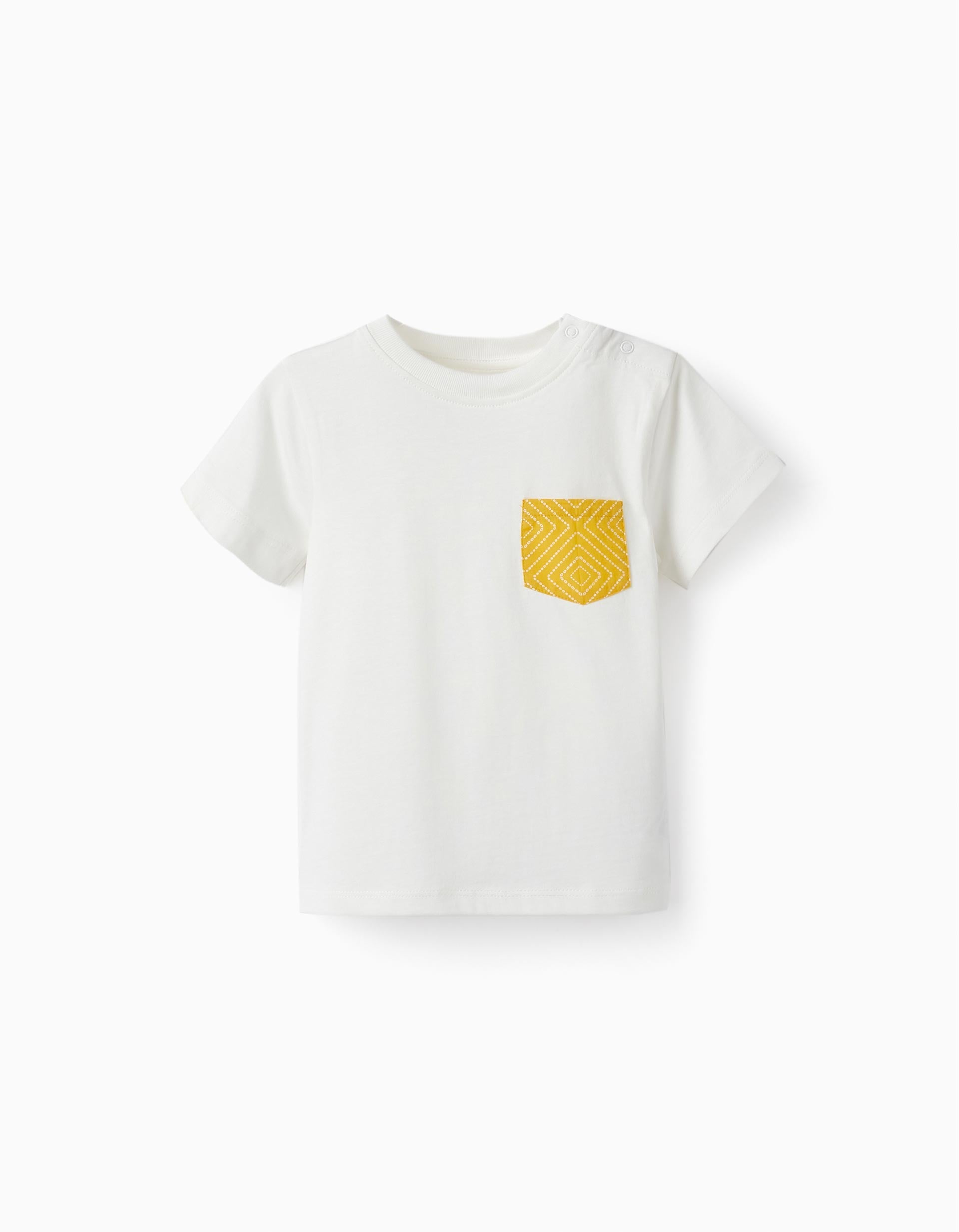 Cotton T-Shirt with Pocket for Baby Boys, White/Yellow