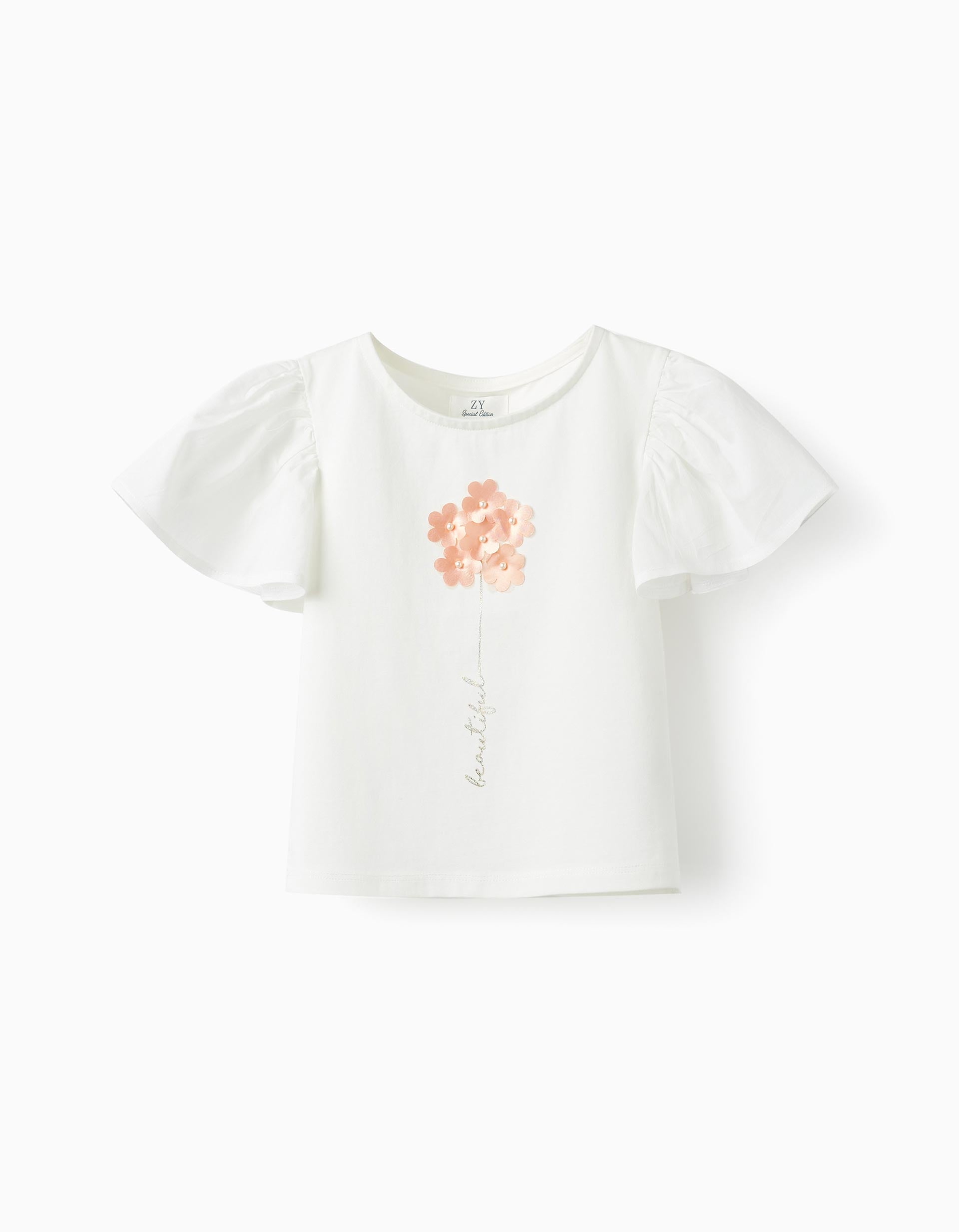 T-Shirt with Flowers and Glitter for Girls, White
