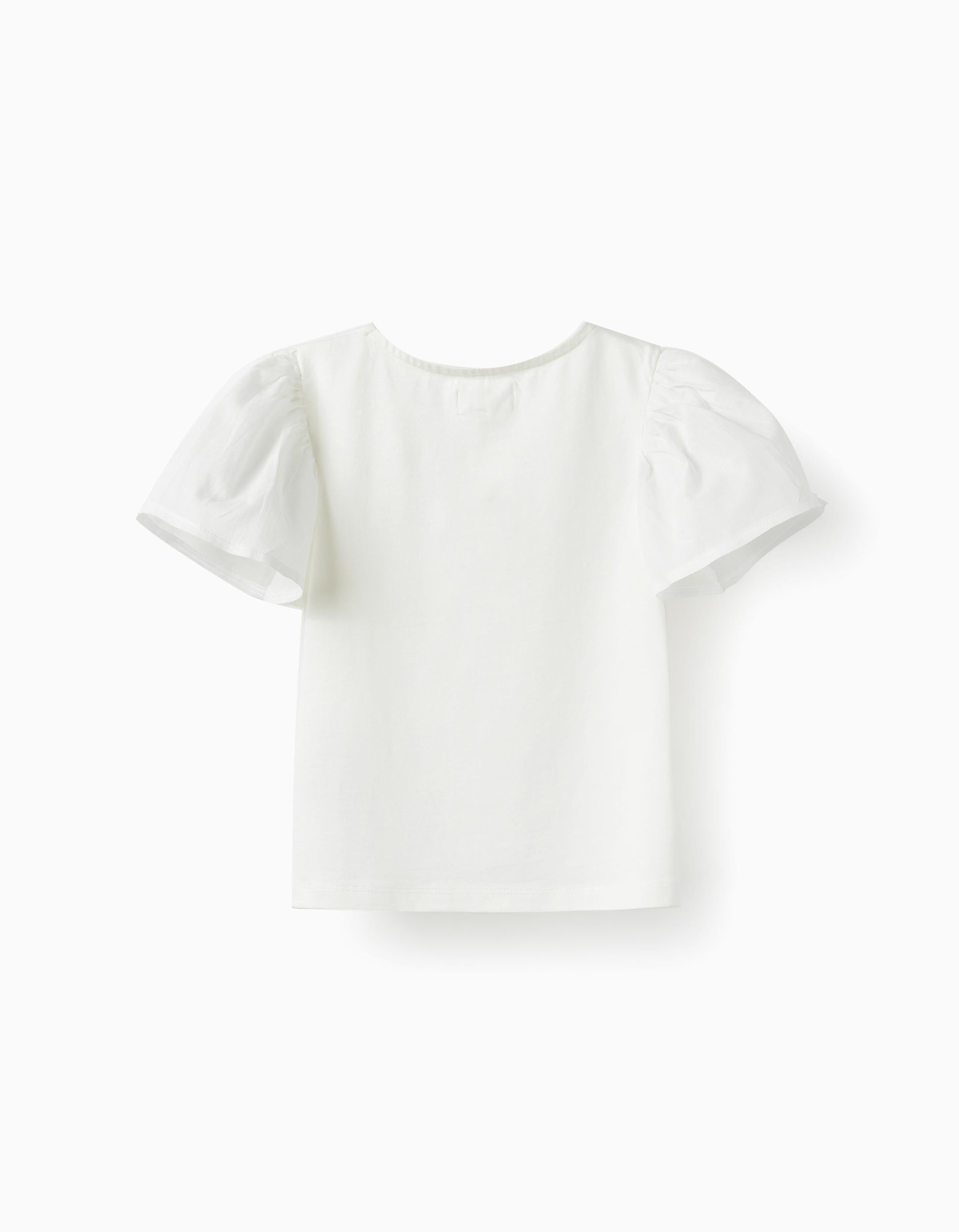 T-Shirt with Flowers and Glitter for Girls, White