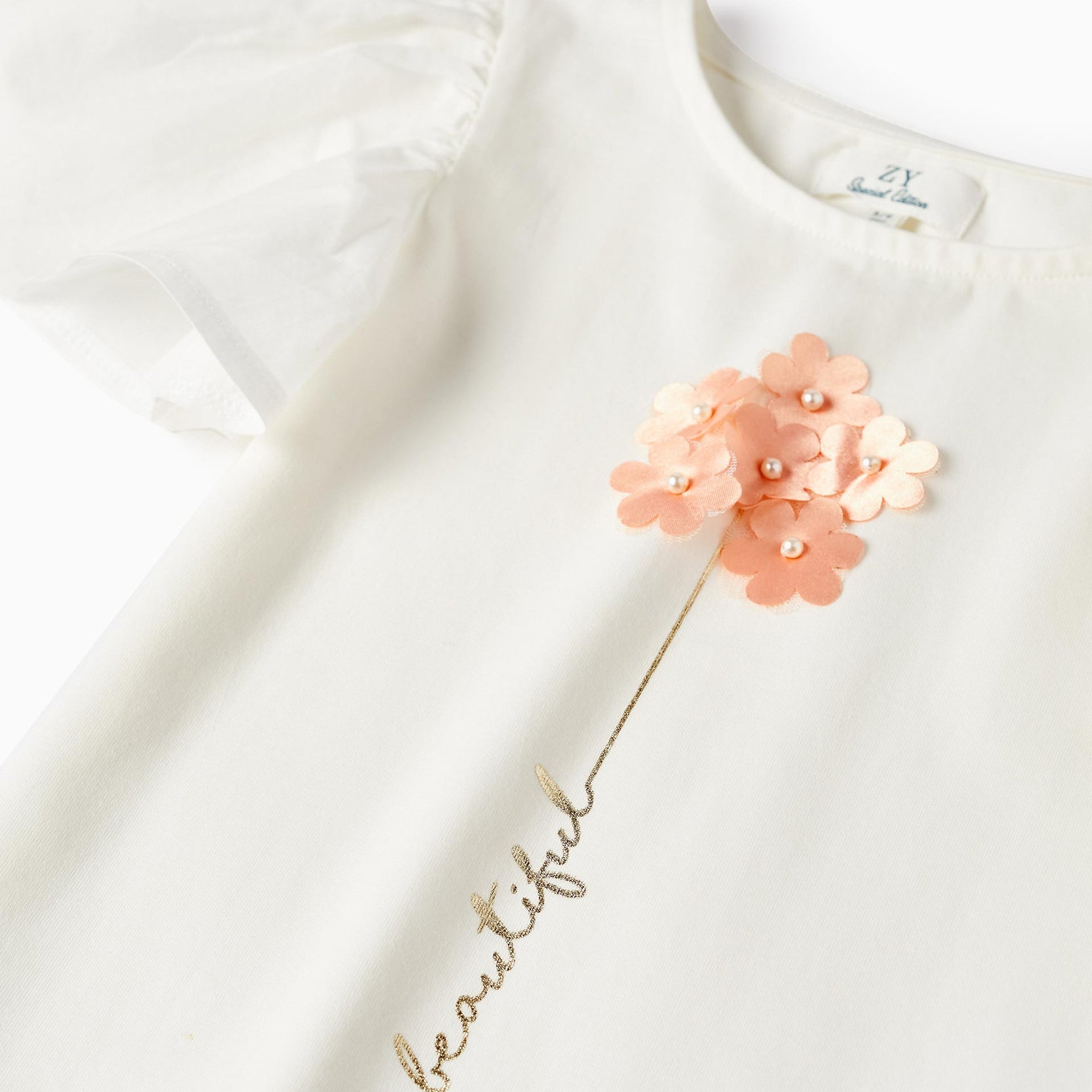 T-Shirt with Flowers and Glitter for Girls, White