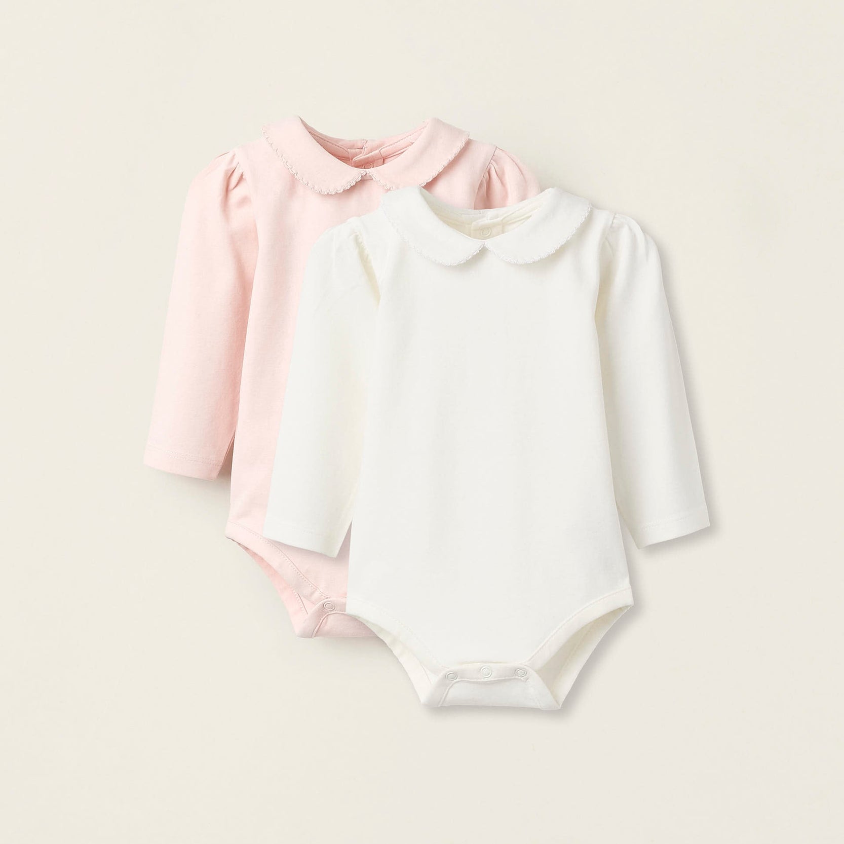 Pack of 2 Bodysuits with Peter Pan Collar for Newborn Girls, White/Pink
