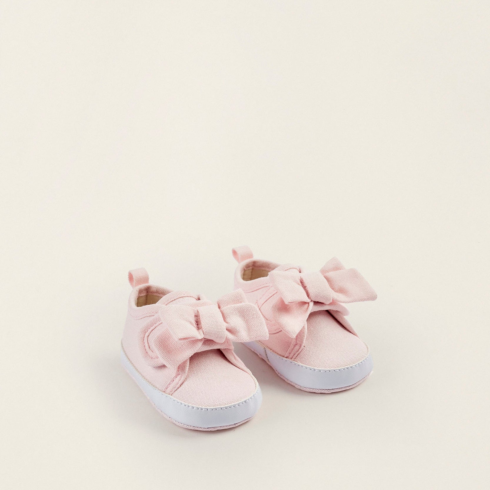 Fabric and Leather Trainers with Bow for Newborn Girls, Light Pink