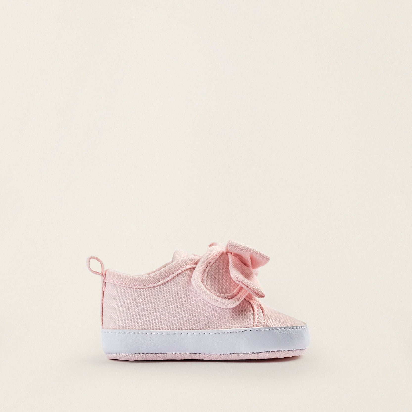 Fabric and Leather Trainers with Bow for Newborn Girls, Light Pink