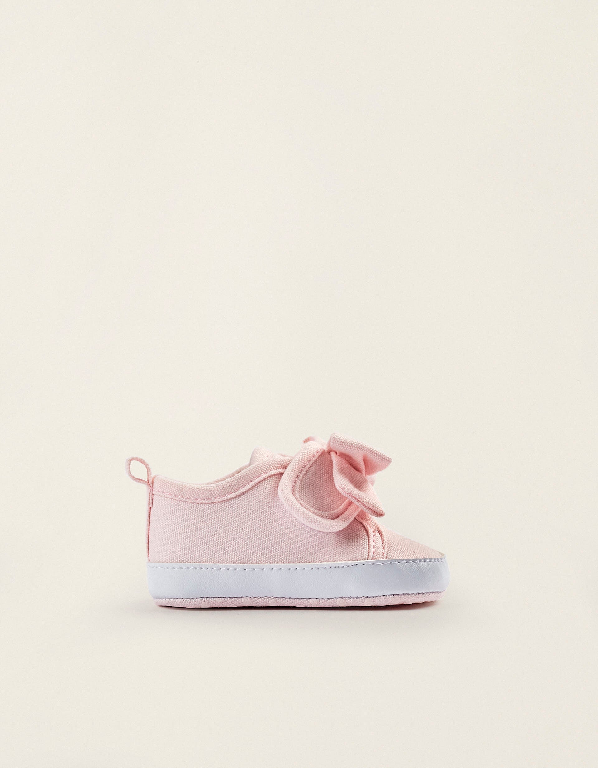 Fabric and Leather Trainers with Bow for Newborn Girls, Light Pink