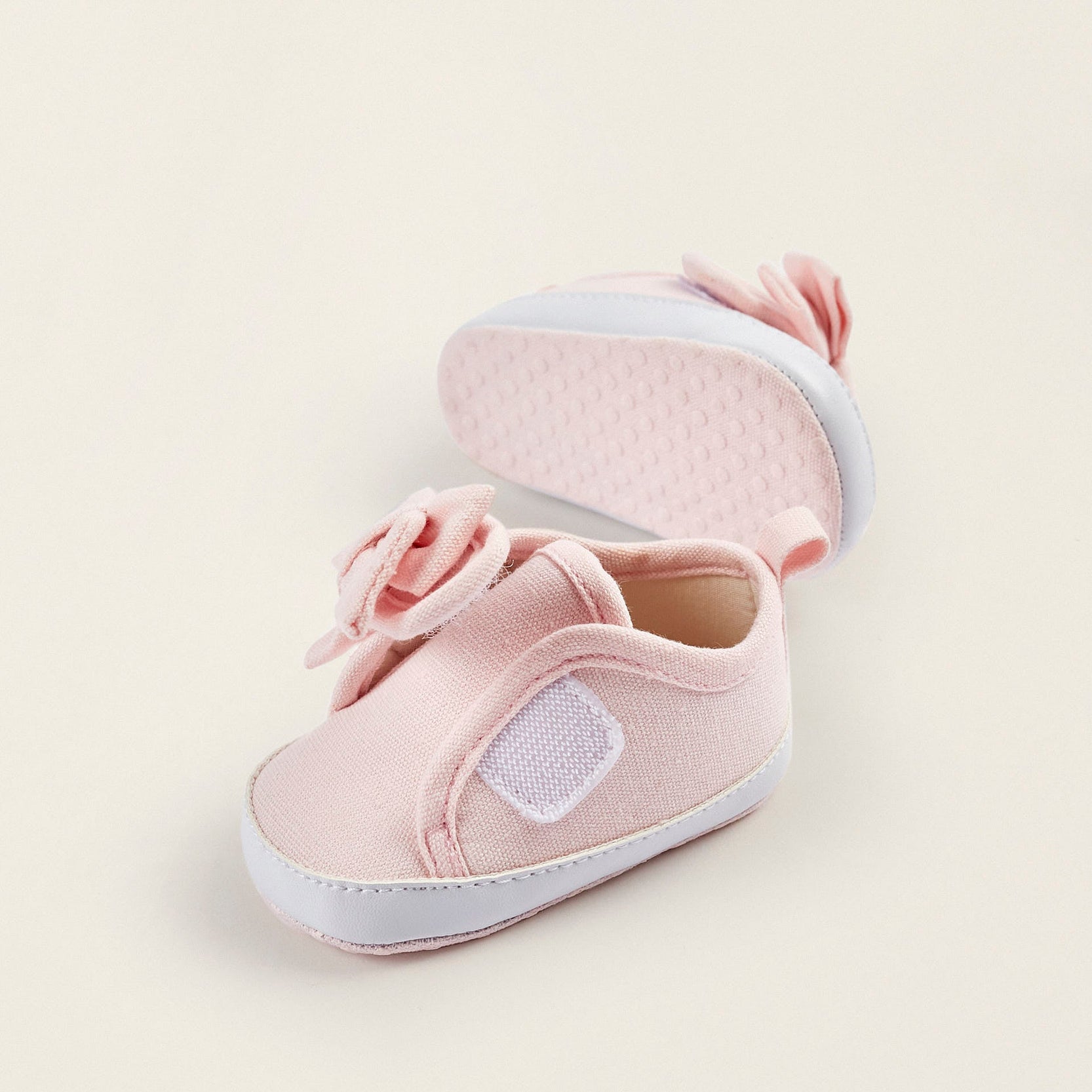 Fabric and Leather Trainers with Bow for Newborn Girls, Light Pink