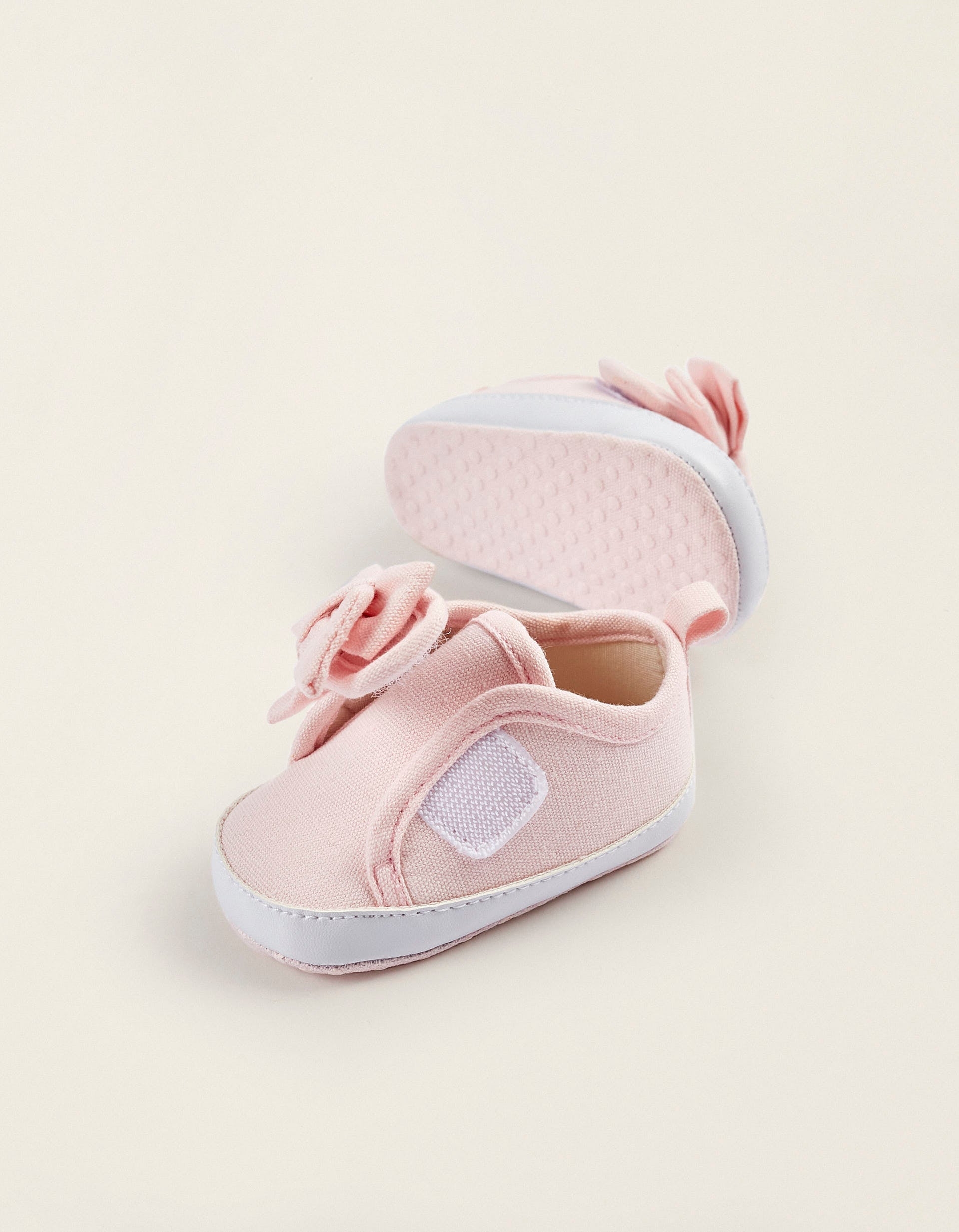 Fabric and Leather Trainers with Bow for Newborn Girls, Light Pink