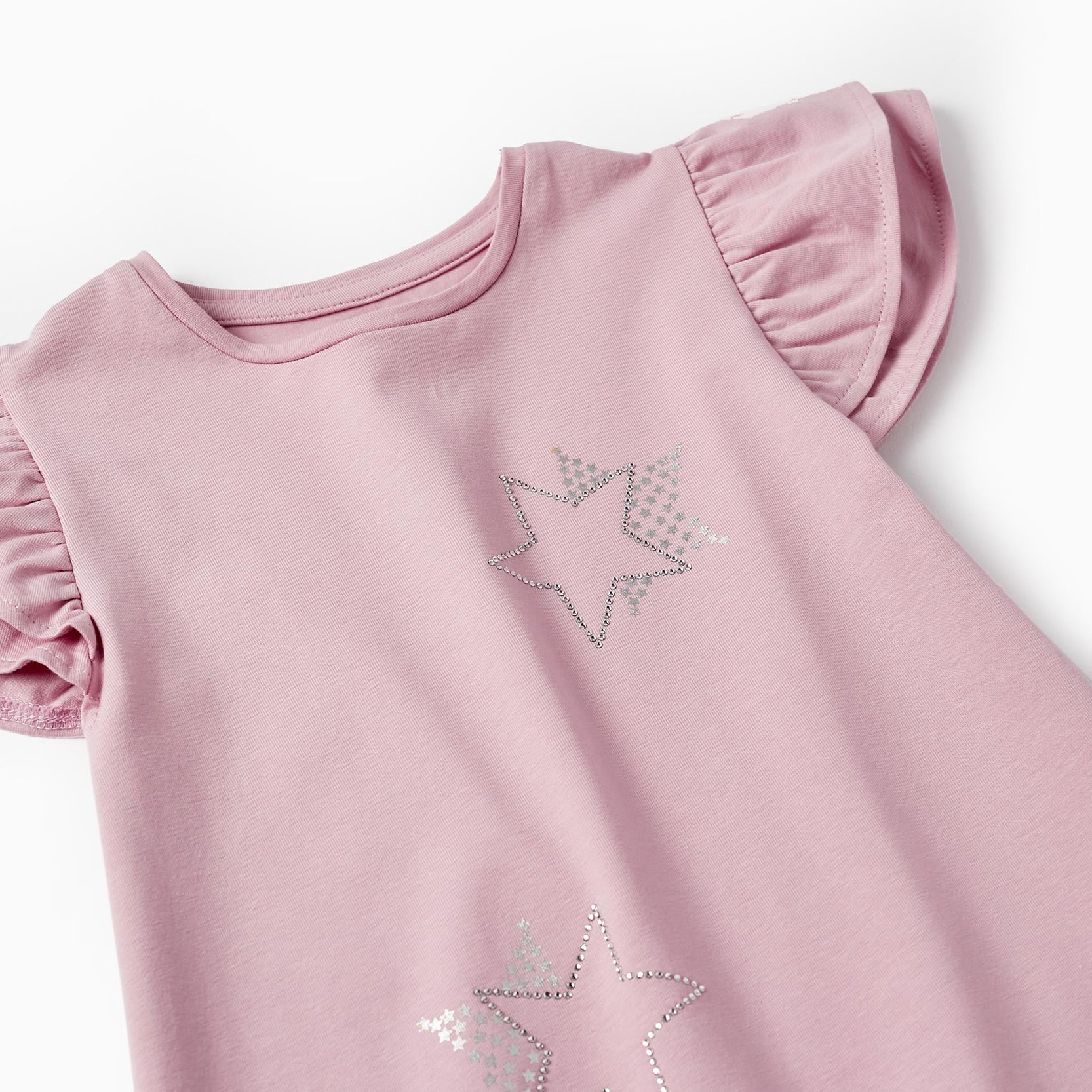 Cotton Jersey T-Shirt with Ruffles and Sparkles for Girls, Pink