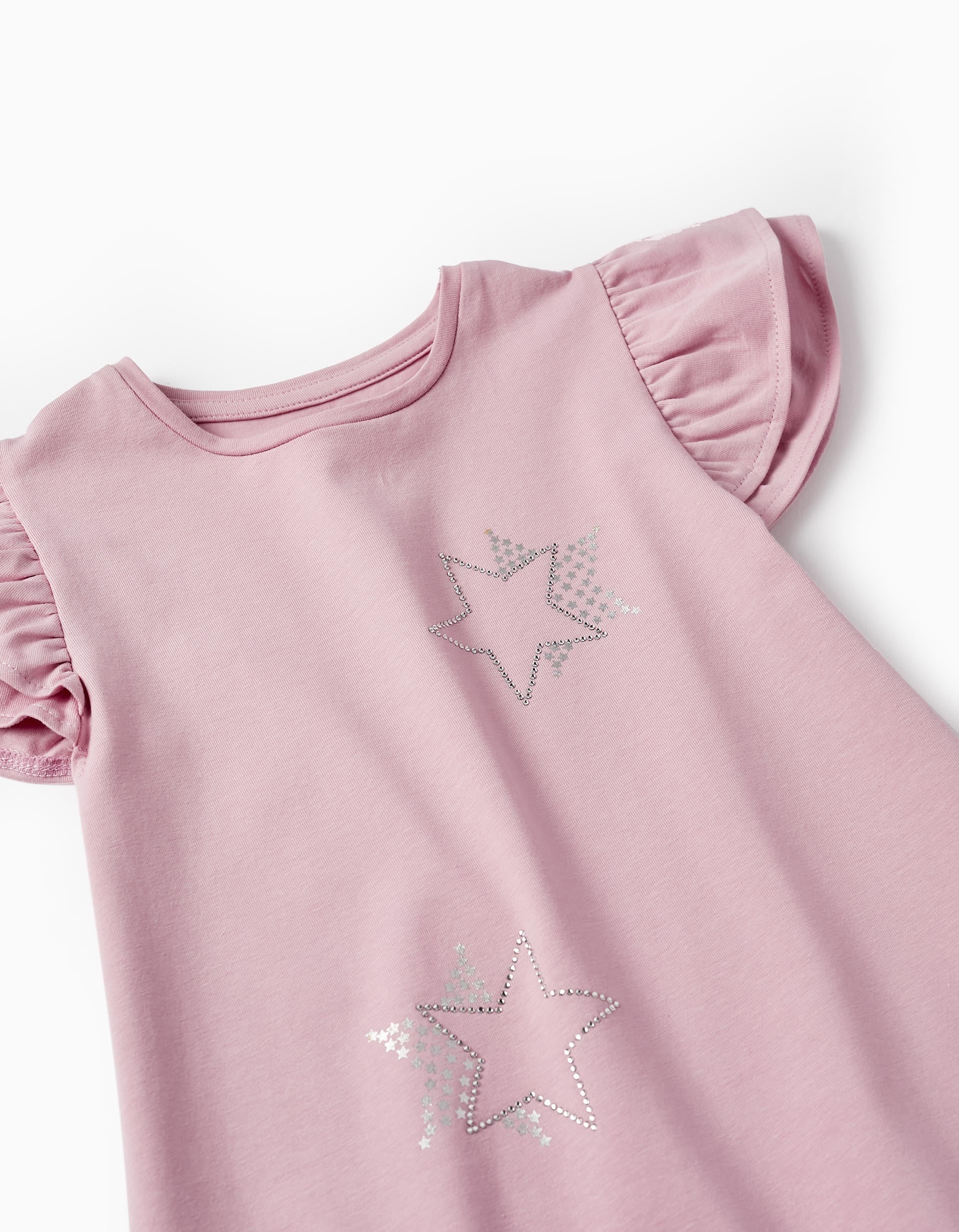 Cotton Jersey T-Shirt with Ruffles and Sparkles for Girls, Pink