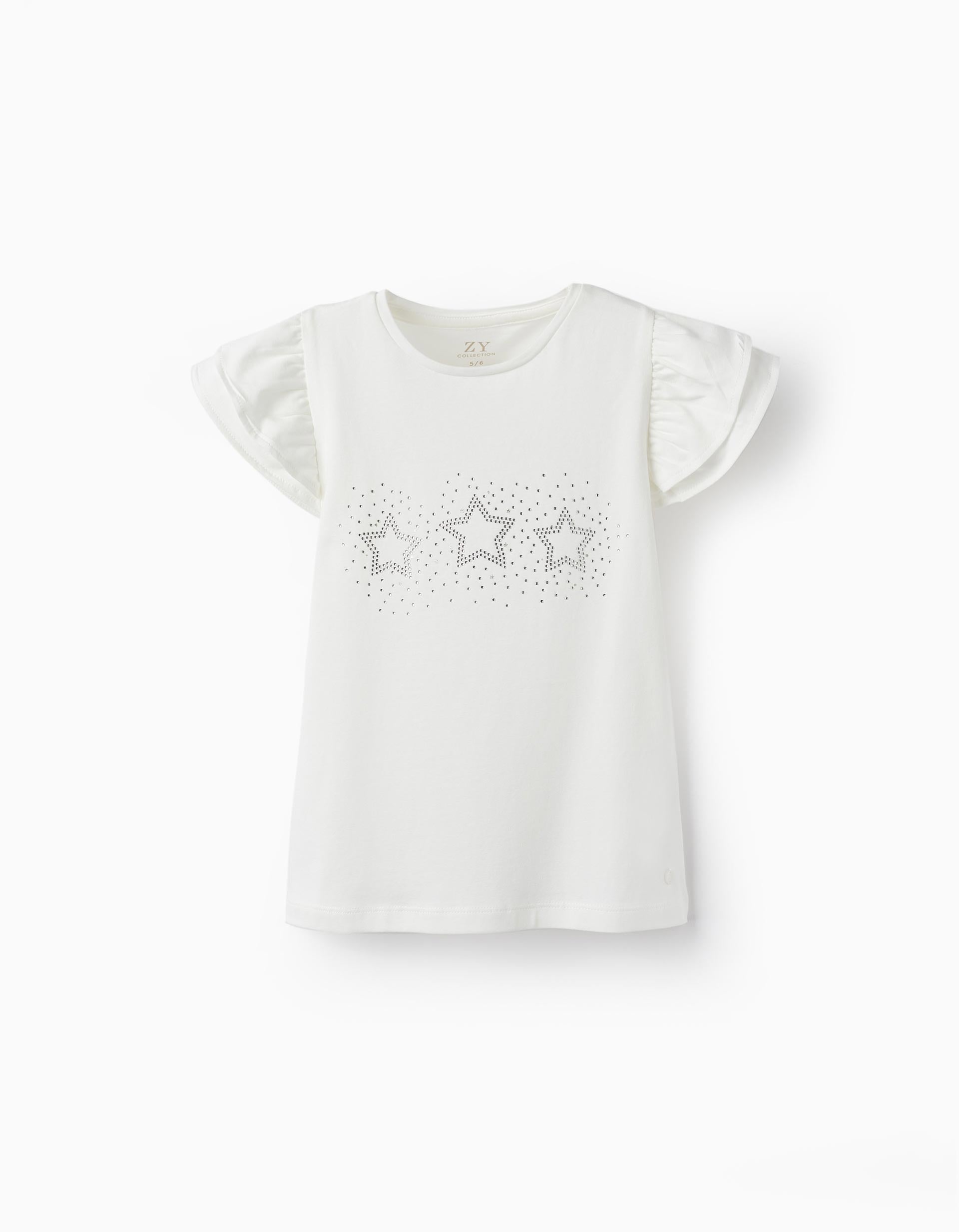 Cotton Jersey T-Shirt with Ruffles and Sparkles for Girls, White
